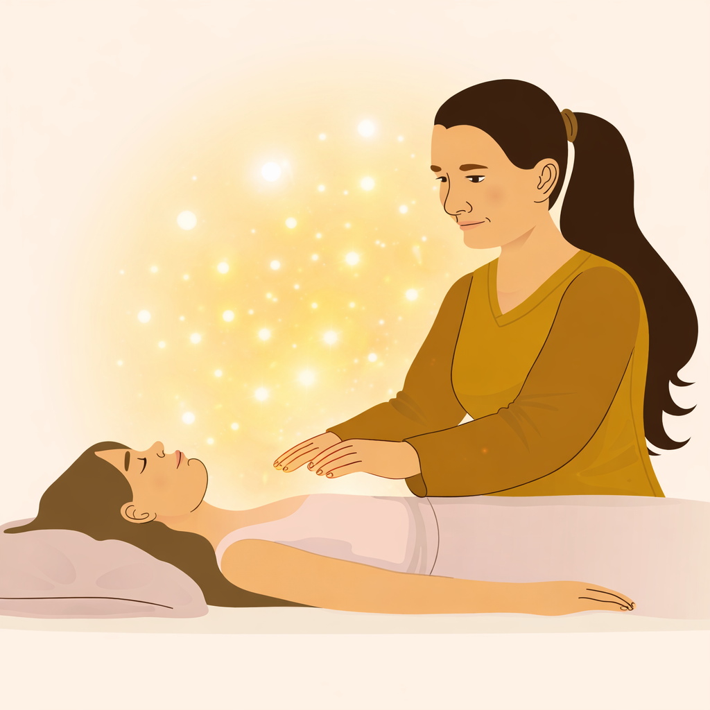 Illustration of an Energy Harmonisation session with a practitioner supporting a client through gentle hands-on energy work.