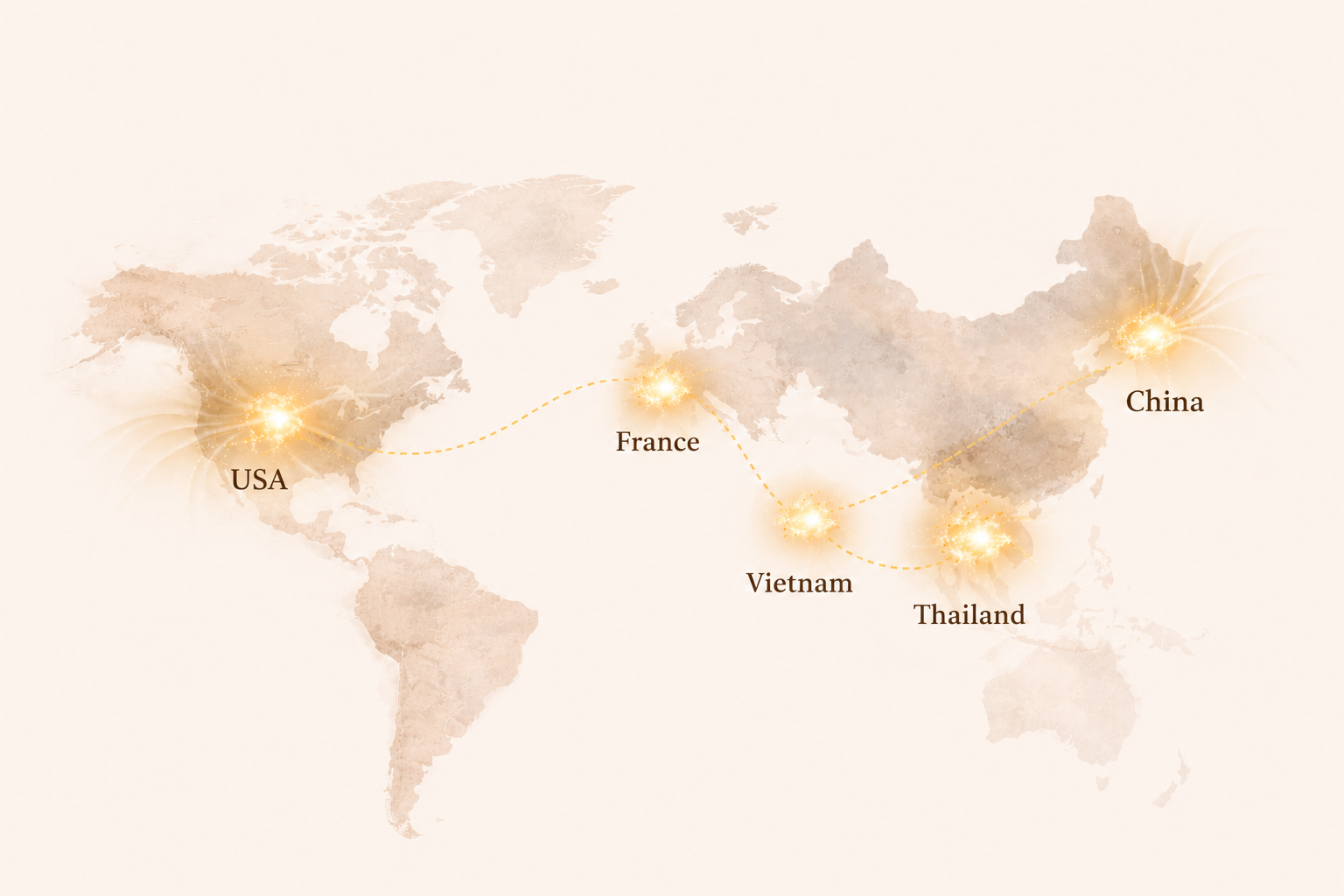 Map illustrating Ani Petrova's international wellness journey and professional experience across the USA, France, Vietnam, Thailand and China.