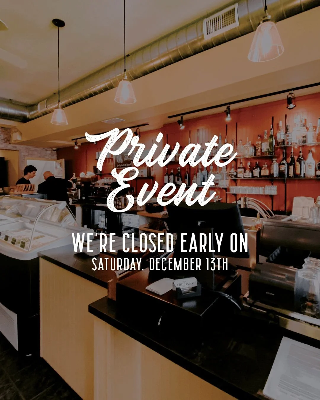 We will be CLOSING EARLY at 7 PM on Saturday, December 13th, for a private event! We will reopen on Monday at 11:30 am as per usual. 

We apologize for any inconvenience, and we thank you for your understanding. 

Grazie Mille! 🙌

#AuthenticItalianF