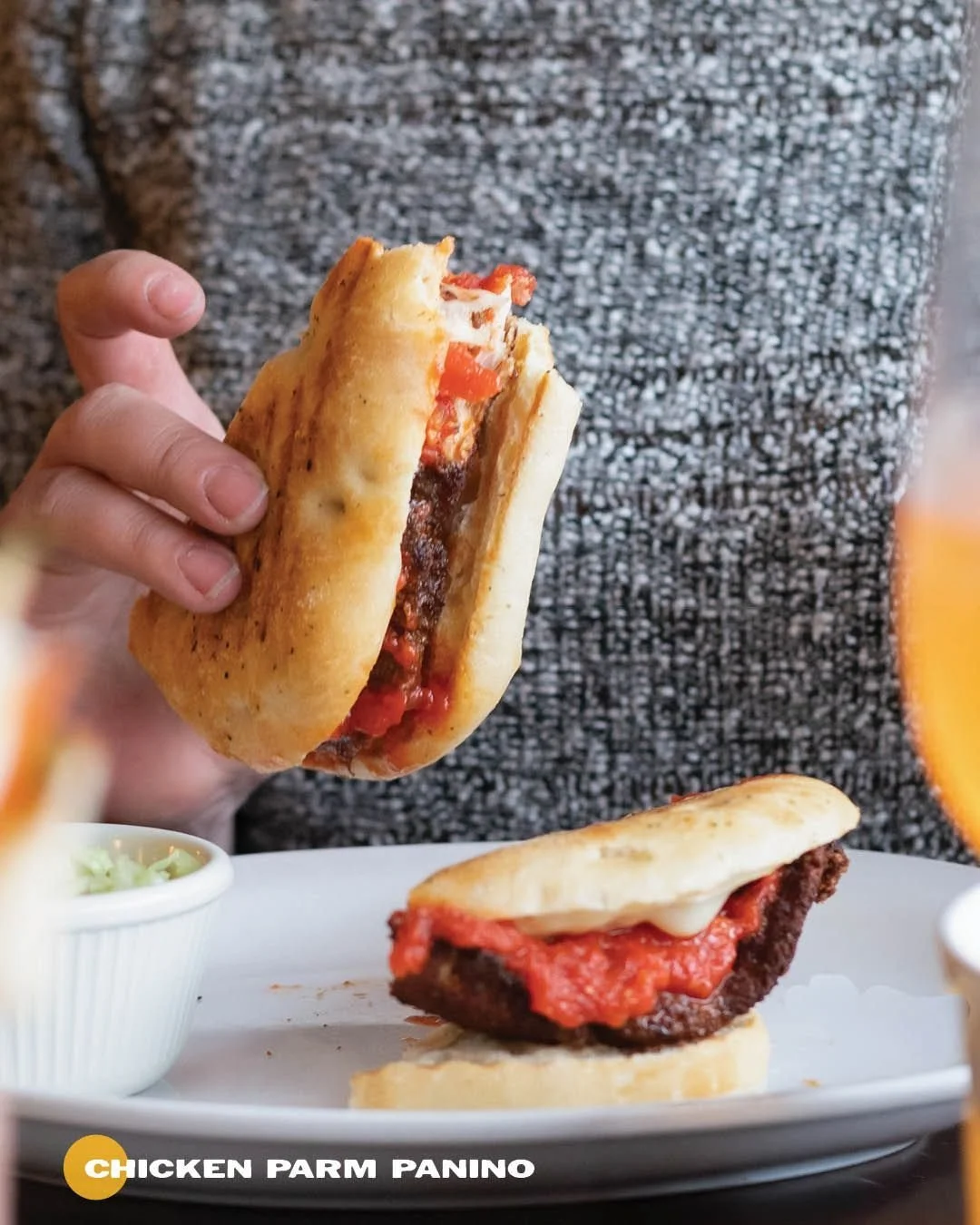 📣 Attention Chicken Parm lovers! We have a lighter lunchtime option just for you! 🤩

Our Chicken Parm Panino features breaded chicken breast topped with our signature house-made tomato sauce and provolone cheese served on a delicious herbed ciabatt