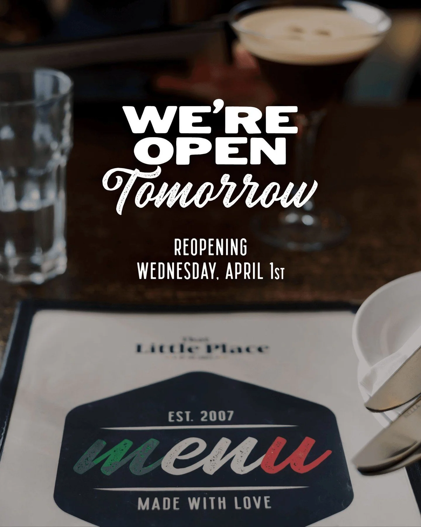 We&rsquo;re reopening tomorrow! And, no, this is not a joke. 🤣

We&rsquo;re back from spring break and ready to serve up delicious family recipes, fun cocktails and mocktails and handmade gelato by Loris! 

Can&rsquo;t wait to see everyone again! 

