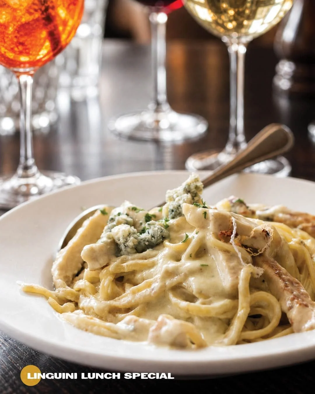 You&rsquo;d be amazed at how many delicious combinations we can create with a simple linguini Alfredo base! Join us for lunch to discover the Chef&rsquo;s Daily Ingredient! 🍝

📸 Pictured is a recent Linguini Lunch Special with blue cheese and added