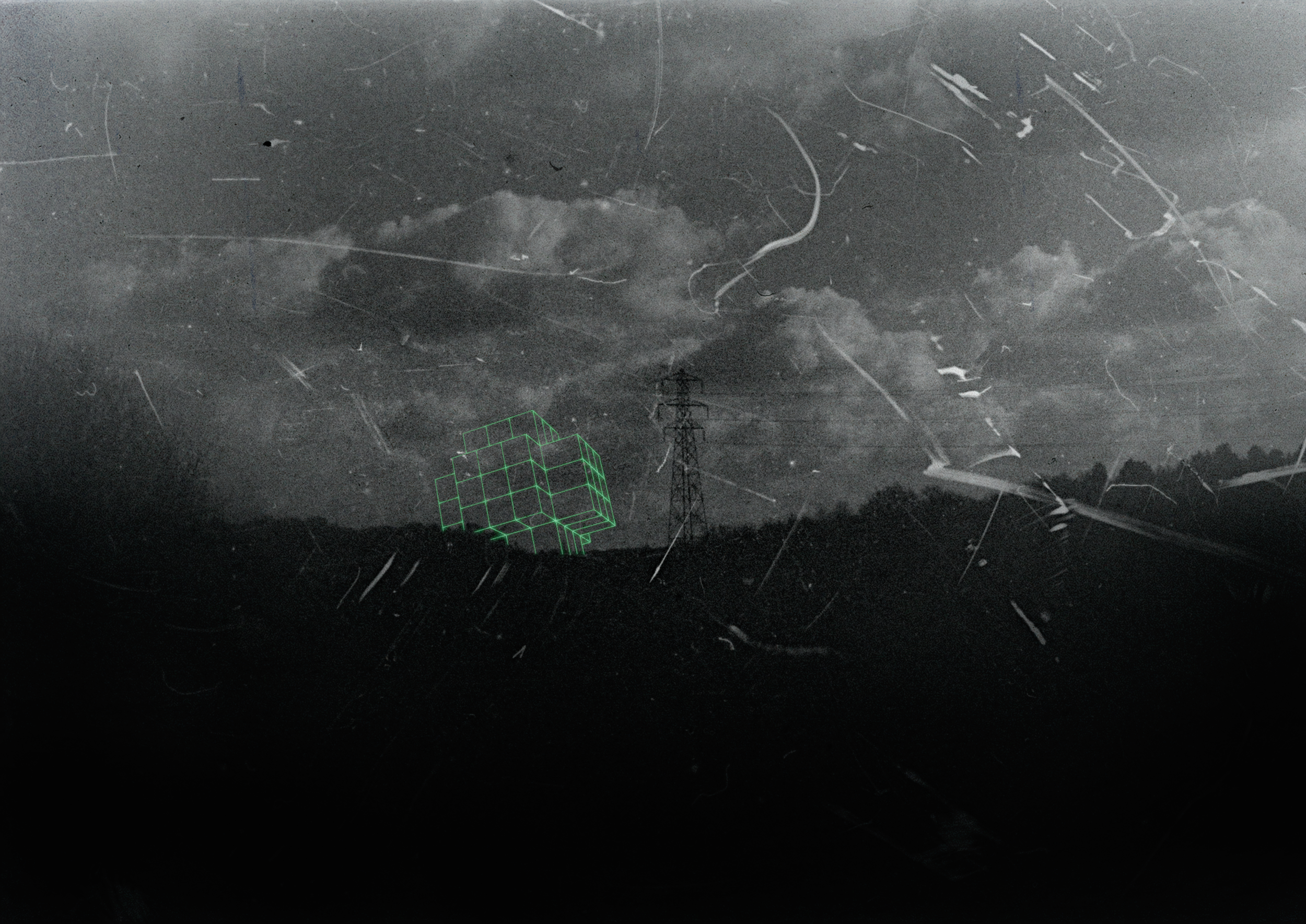 A dark, rainy sky with clouds and streaks of rain, an electrical transmission tower, and a digital green wireframe cube representing a 3D object in the foreground.