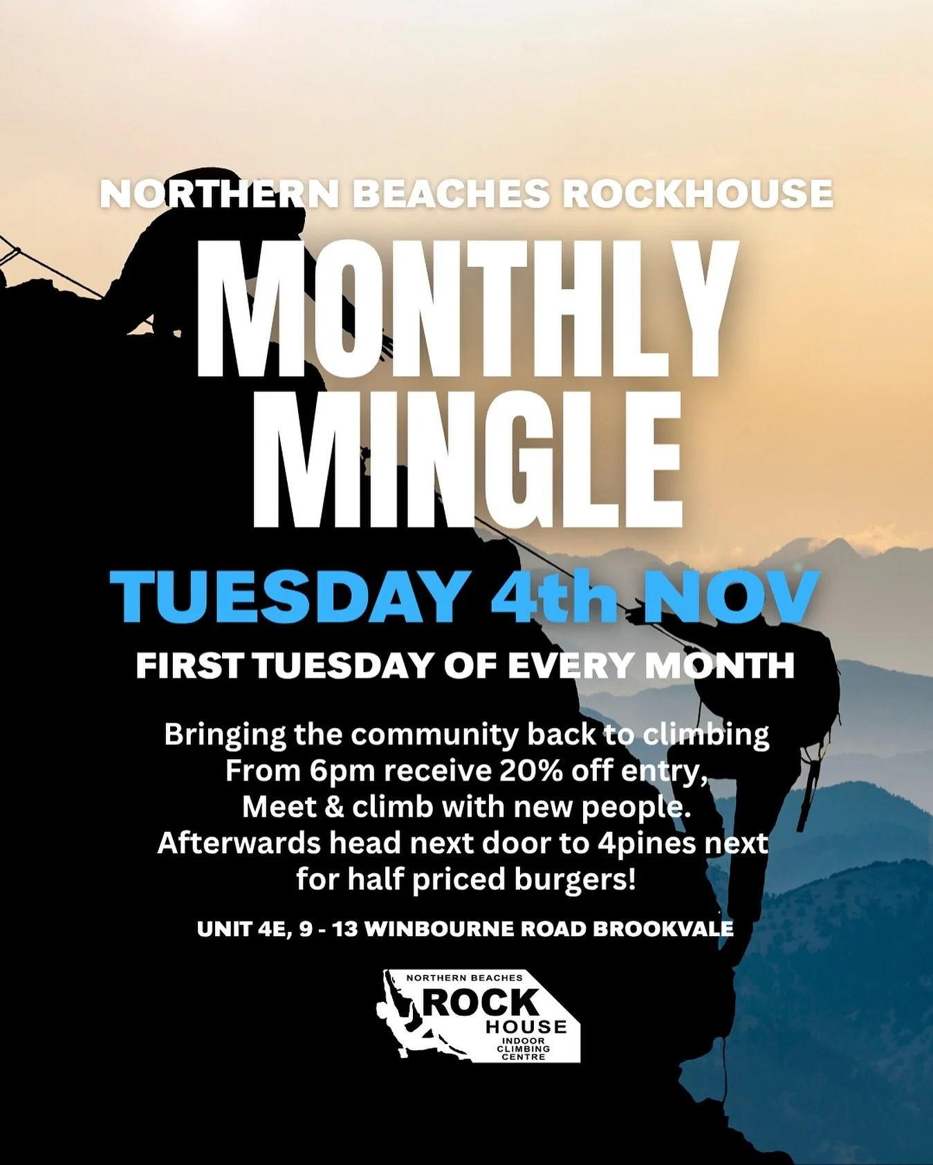 The first one was a hit! Our next Monthly Mingle will be on Tuesday 4th November, held the first Tuesday of every month!
When: Tuesday 4th November 6pm - 8pm
- Come alone or come with friends
- Get 20% off entry 🤌🏽
- Climb with people who are all