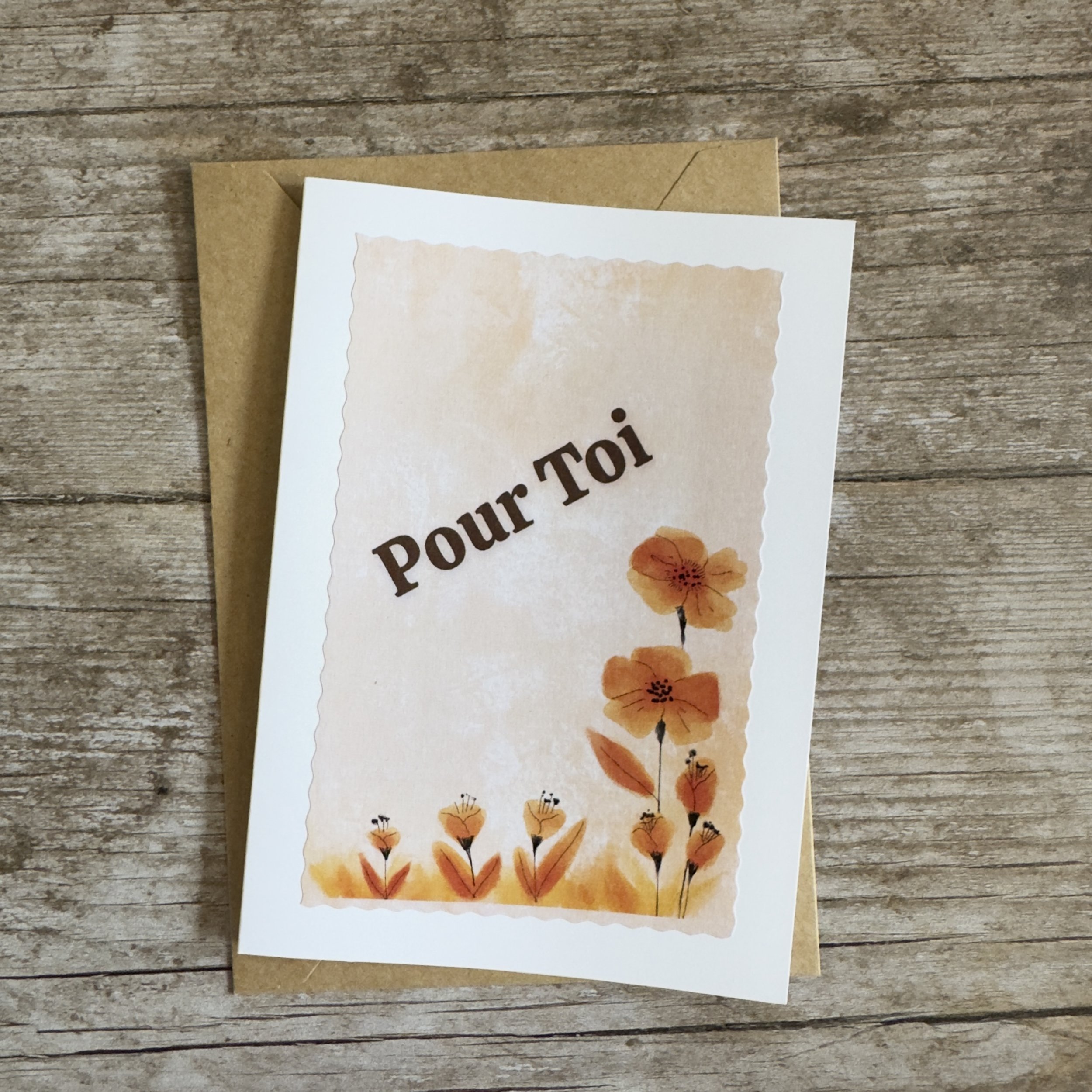 Carte de voeux artisanale, format A6 double, avec enveloppe assortie.