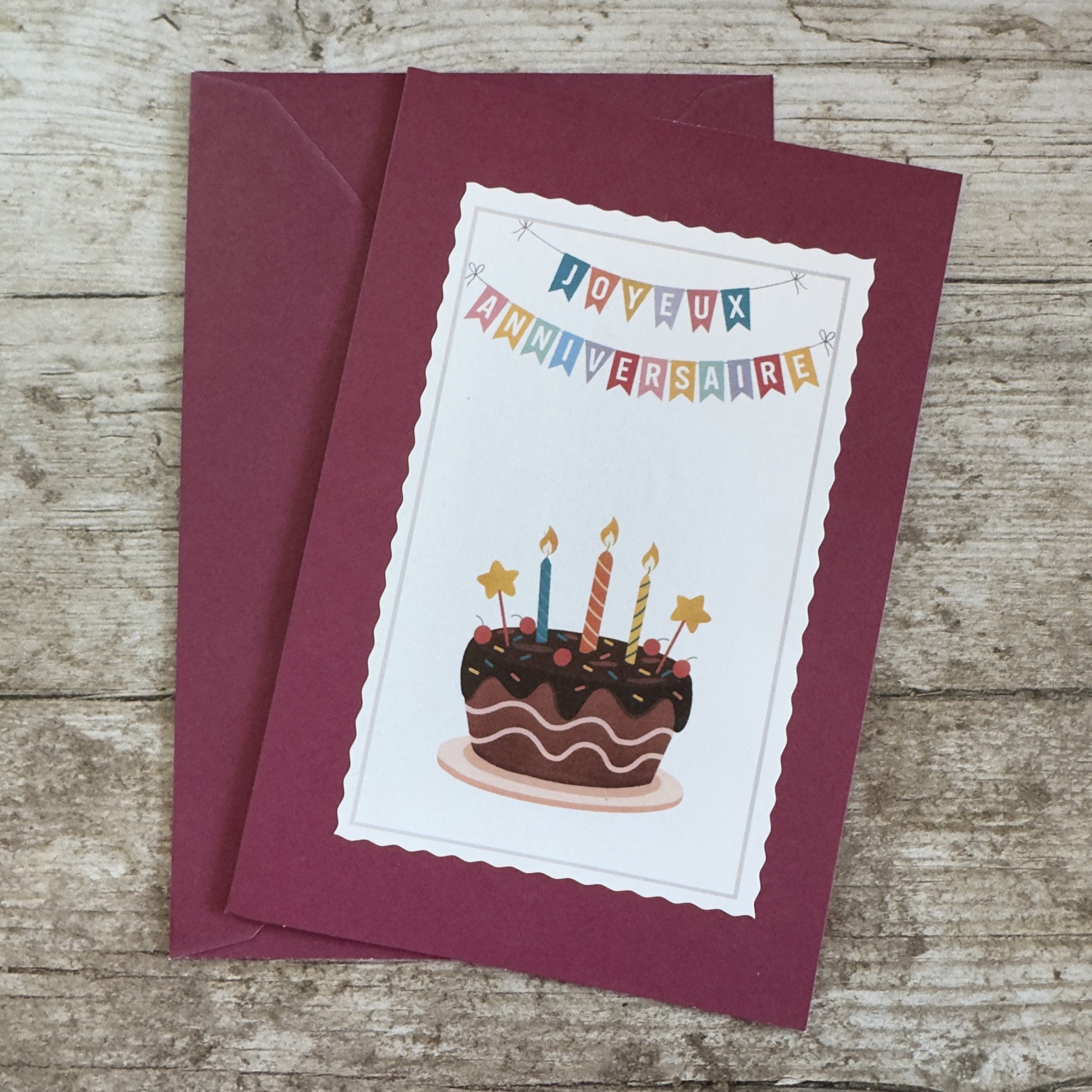 Carte de voeux artisanale, format A6 double, avec enveloppe assortie.