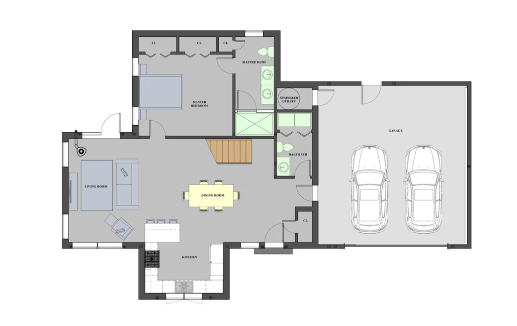 First-floor plan of the Tula Modern Solar House, featuring an open kitchen, dining and living area, a primary bedroom suite, half bath, utility space and attached two-car garage.
