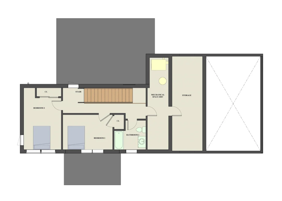 Second-floor plan of the Tula Modern Solar House, featuring two additional bedrooms, a full bathroom, mechanical space and generous storage above the attached garage.