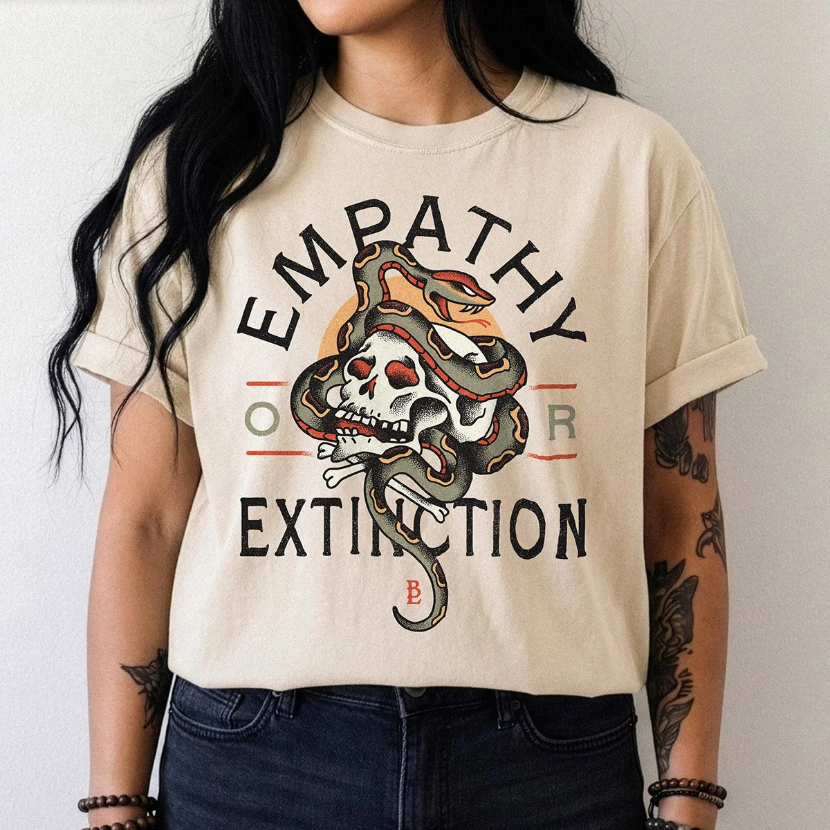 Chris Koelle Art T-shirt Empathy or Extinction Female Mockup on ivory site.jpg