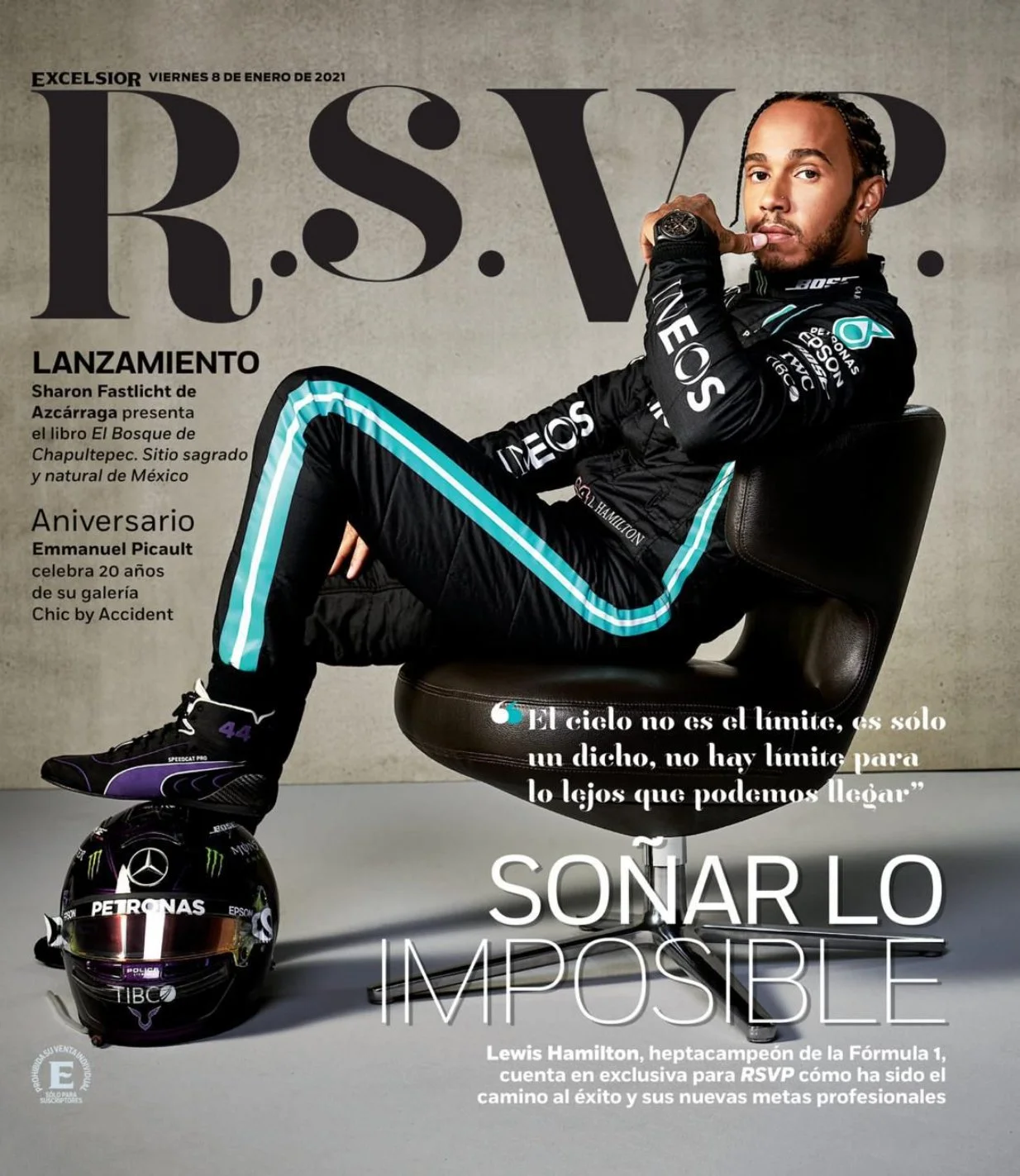 R.S.V.P. Excélsior, January 8, 2021 cover featuring Lewis Hamilton, with a feature celebrating Emmanuel Picault and the 20th anniversary of Chic by Accident.