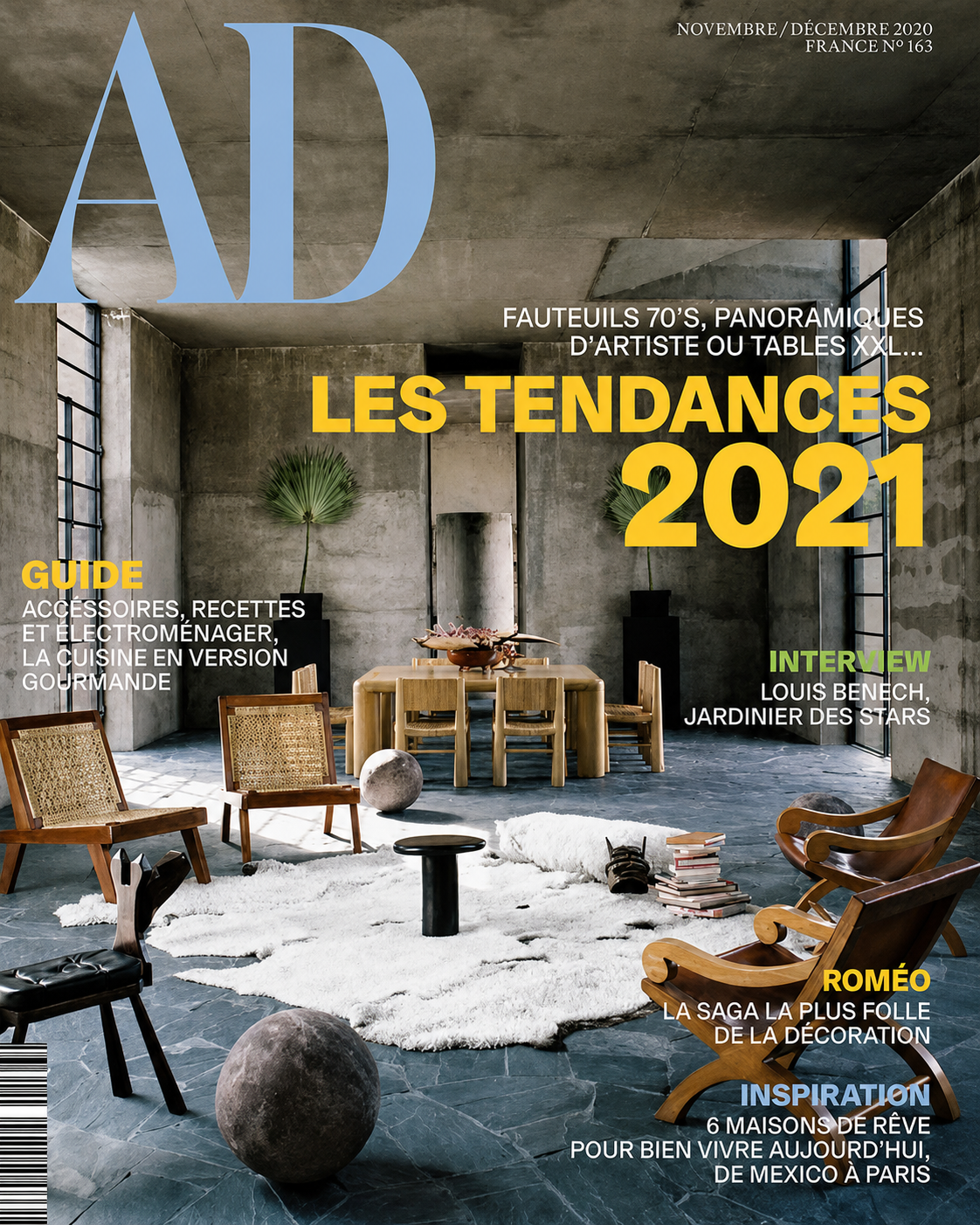 Architectural Digest France, November–December 2020 cover featuring “Les Tendances 2021,” with a sculptural interior showcasing 1970s seating, oversized tables, art, and contemporary decoration.