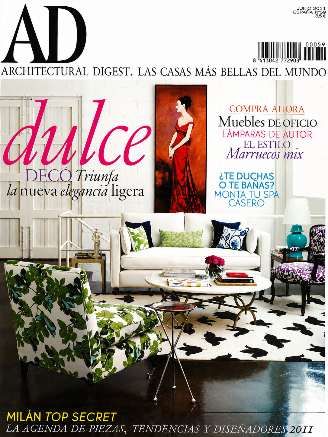 Architectural Digest Spain, June 2011 cover featuring “Dulce Decó,” with a bright contemporary interior and the issue’s focus on light elegance, artisan furniture, designer lighting, and Milan design.