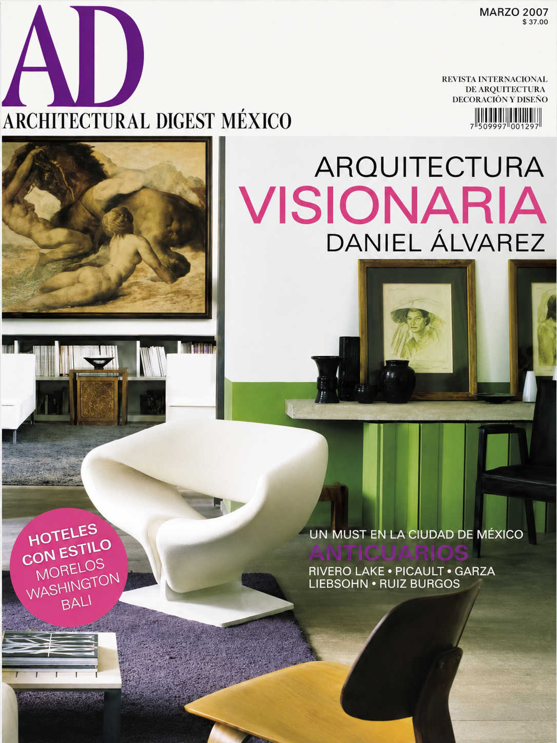 Architectural Digest México cover featuring leading Mexico City antiquarians, including Emmanuel Picault of Chic by Accident, alongside modern furniture, art, and collectible design.