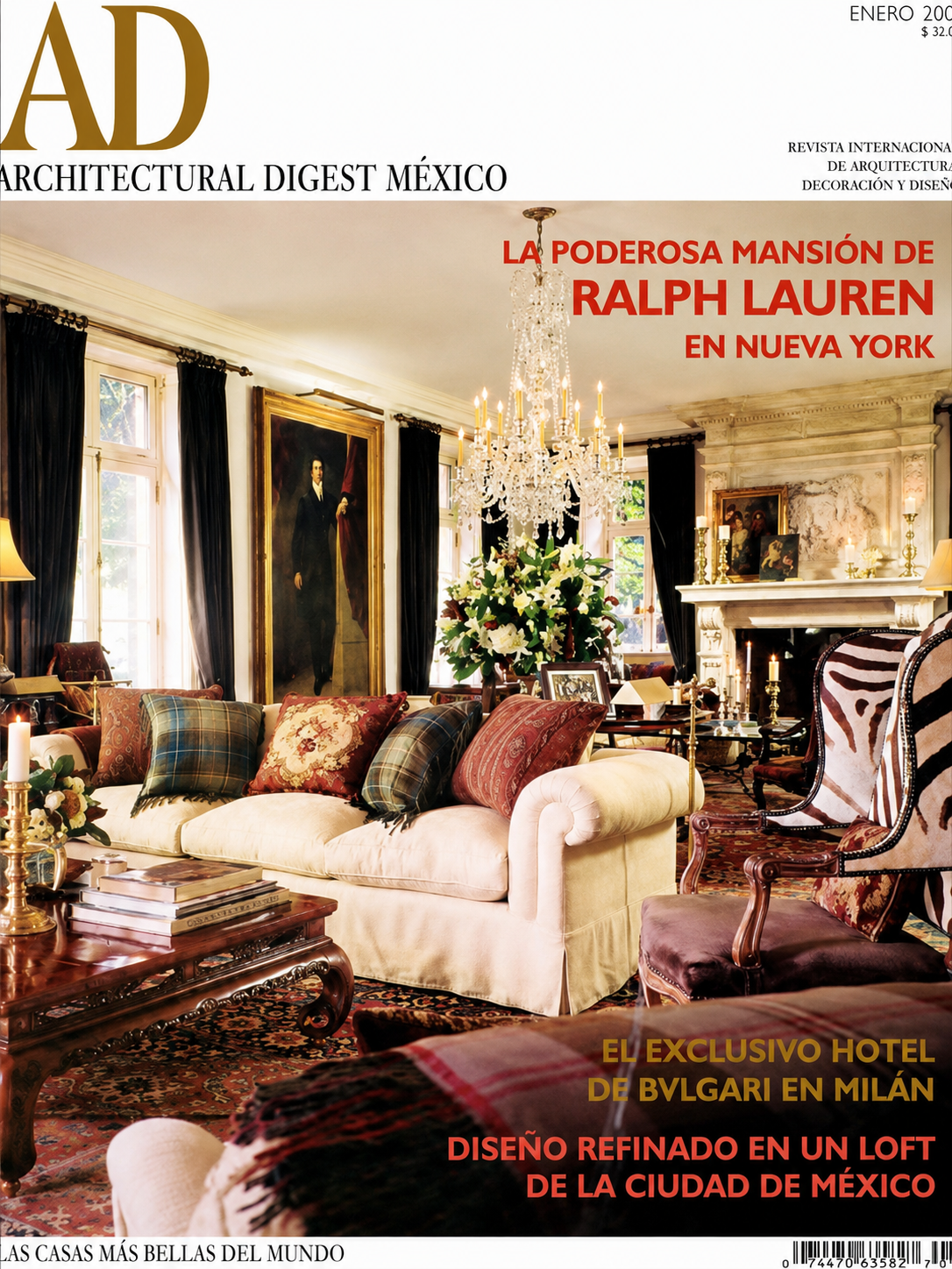 Architectural Digest México January issue cover featuring an elegant residential interior with antique furniture and decorative arts.