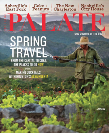 Cover of Palate magazine featuring a person in a hat and green jacket tending to a lush green garden with mountains in the background, promoting spring travel and food culture in the south.