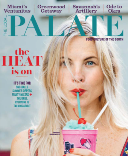 Magazine cover titled 'The Palate,' featuring a woman with blonde hair and blue eyes sipping a colorful frozen drink with a cherry and straw, with headlines about food and culture in the South.