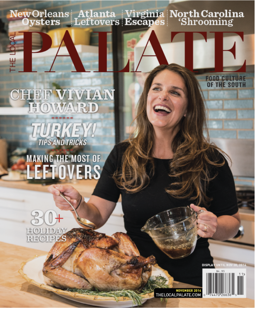 Cover of the November 2014 issue of The Local Palate magazine featuring Chef Vivian Howard with a roasted turkey on a platter, holding a gravy boat in a kitchen setting.