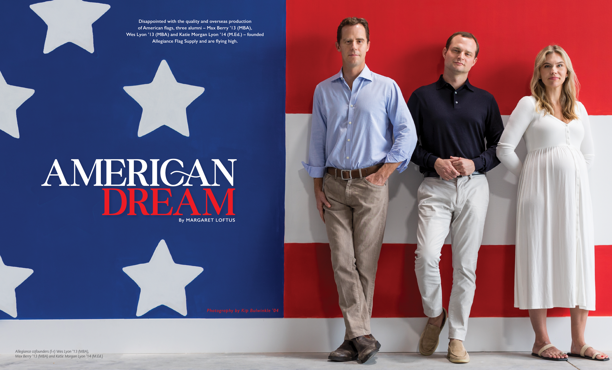 Three individuals, two men and one woman, stand in front of an American flag-themed background with a blue section showing white stars and a red section with white stripes. The text on the blue section reads: "Disappointed with the quality and overse