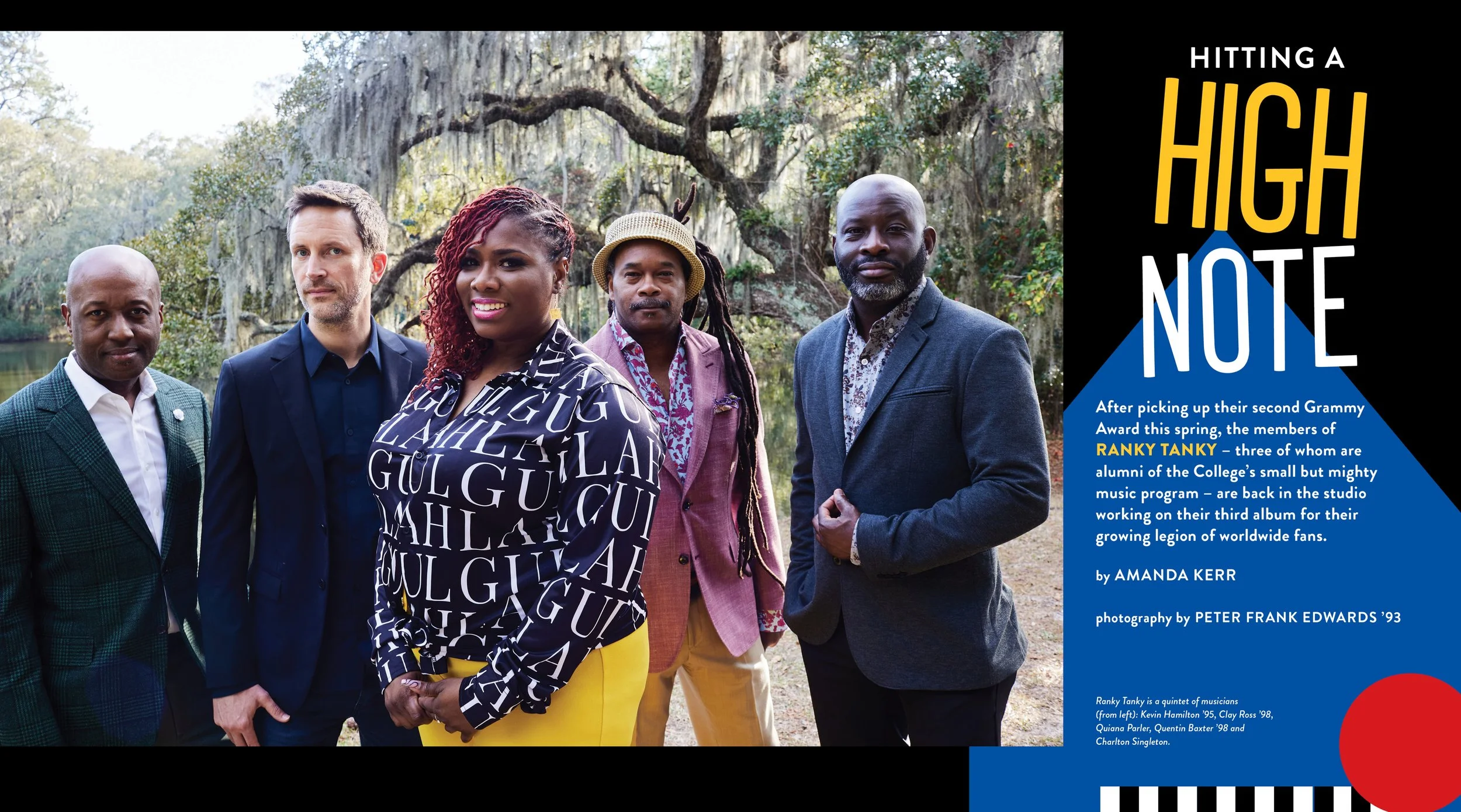 Group of five musicians standing outdoors in front of mossy trees, with a black and blue graphic overlay to the right containing text about their album and photography credits.
