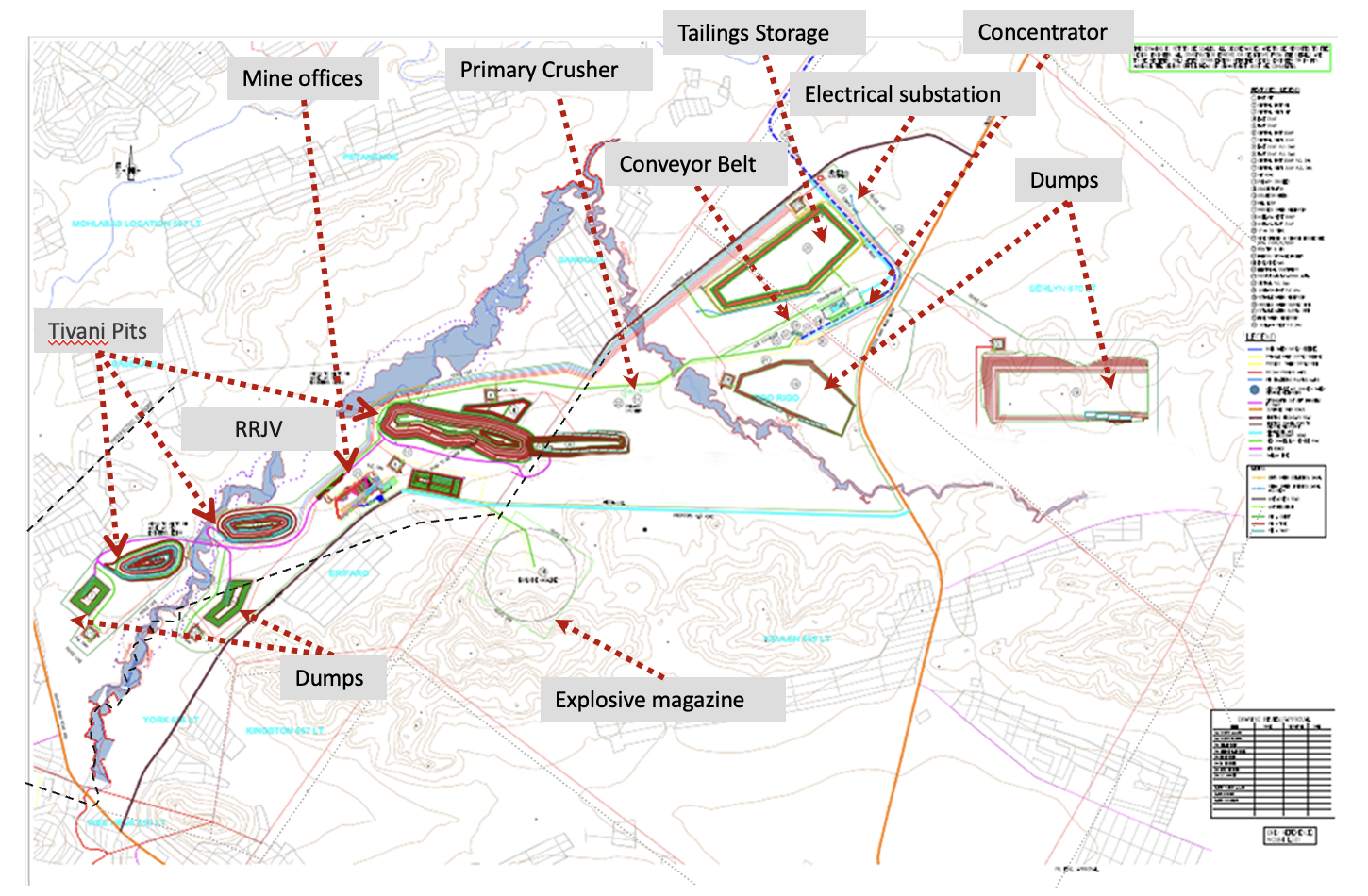 A detailed engineering map of a mining or industrial site with labeled features including mine offices, primary crusher, conveyor belt, tailings storage, electrical substation, concentrator, dumps, explosive magazine, RRJV, Tivani Pits, and other infrastructure, with topographical contours and water bodies.