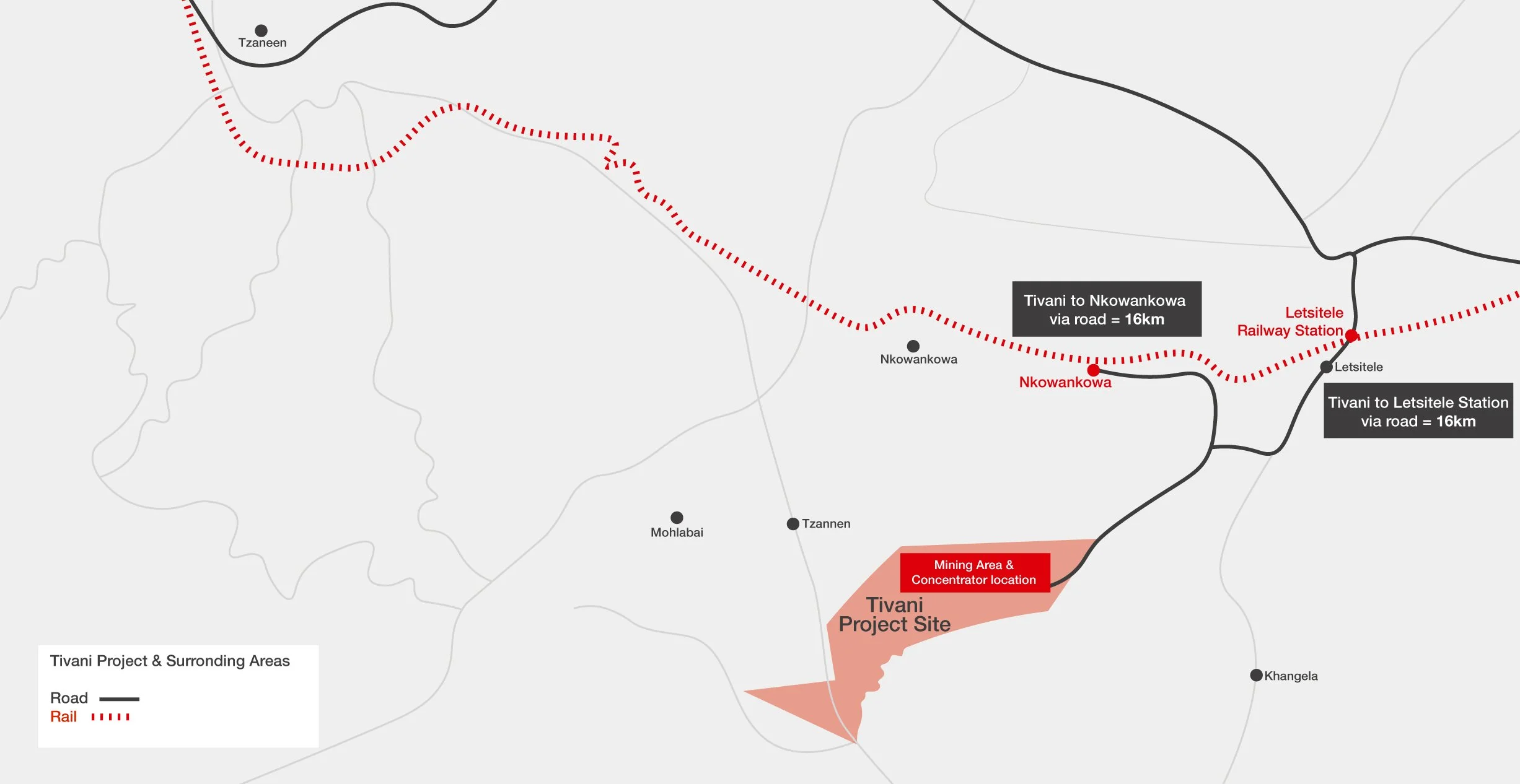 Map showing the Tivani Project Site, a mining area marked in light red, with surrounding areas. The map indicates a nearby railway station and railway line, both labeled as 16 km via road. Black lines represent roads, red dotted lines represent railroads. Several locations are marked with black dots and labels, including Letsitele, Khangela, Tzanenn, and Mohlabai. A legend explains the symbols for the project and surrounding areas, roads, and railroads.