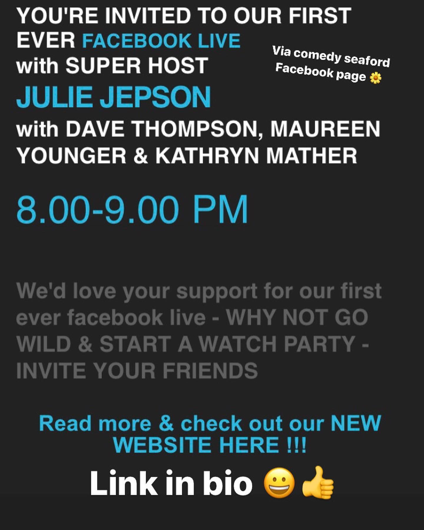 It&rsquo;s TONIGHT FOLKS our first ever fb LIVE hour of comedy! With Dave Thompson, Maureen Younger &amp; Kathryn Mather plus Super Host Julie Jepson.  There could be some surprises - some even planned 🤪 JOIN US via the Comedy Seaford Facebook page 