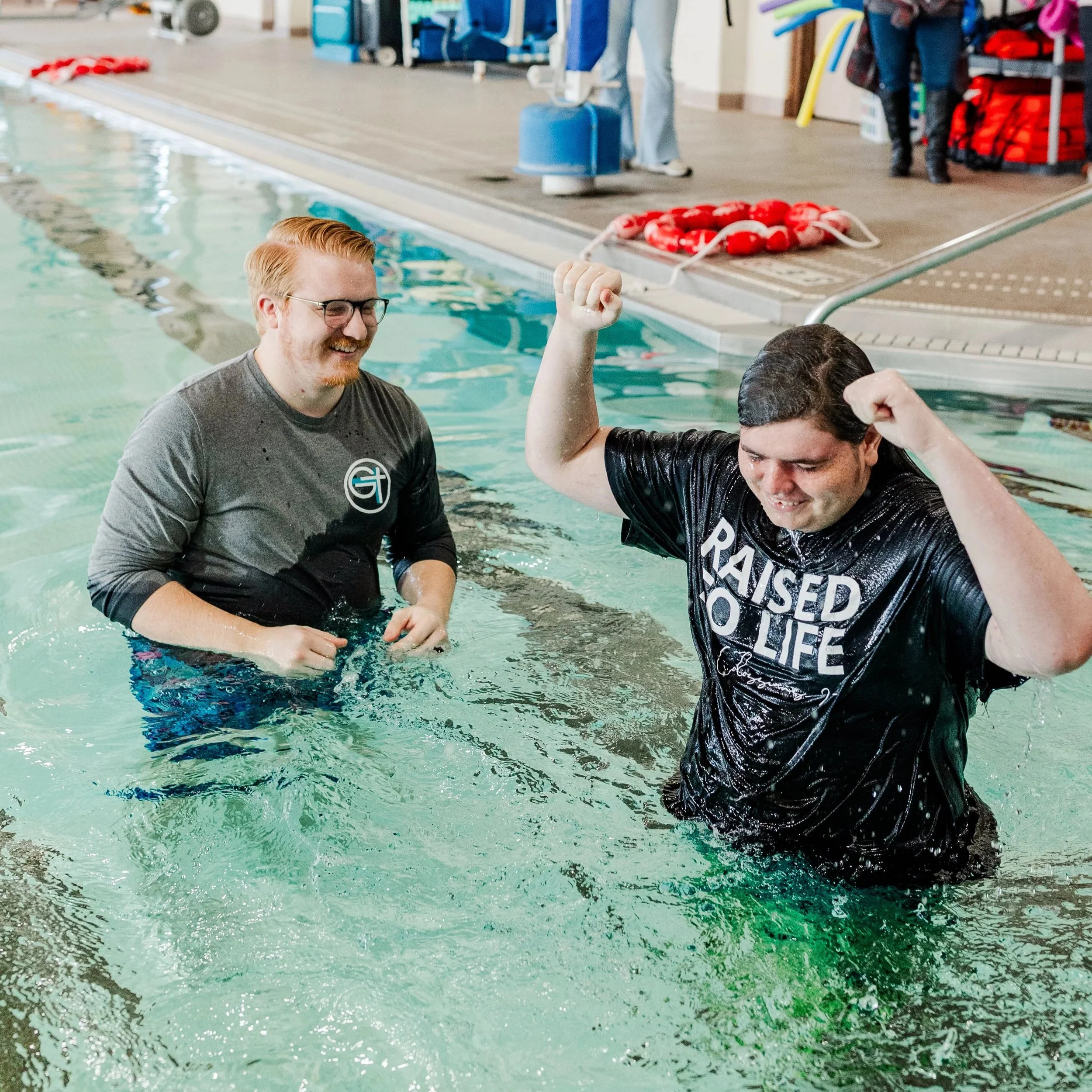 Baptism of young man at church service in New Castle, Indiana at the Henry County YMCA