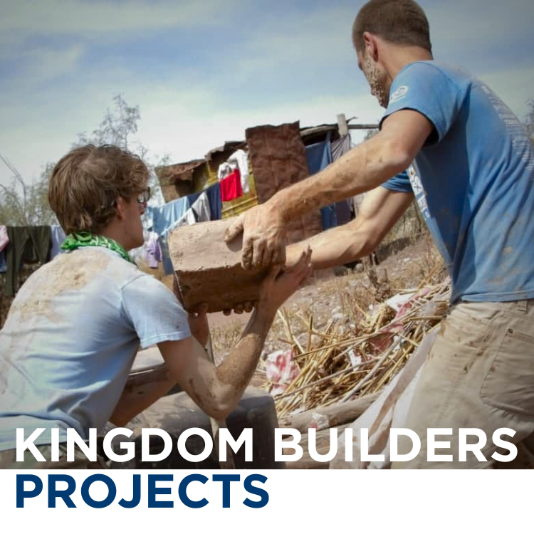 Two men working together to build a brick wall outdoors, with clothes hanging on a line in the background.