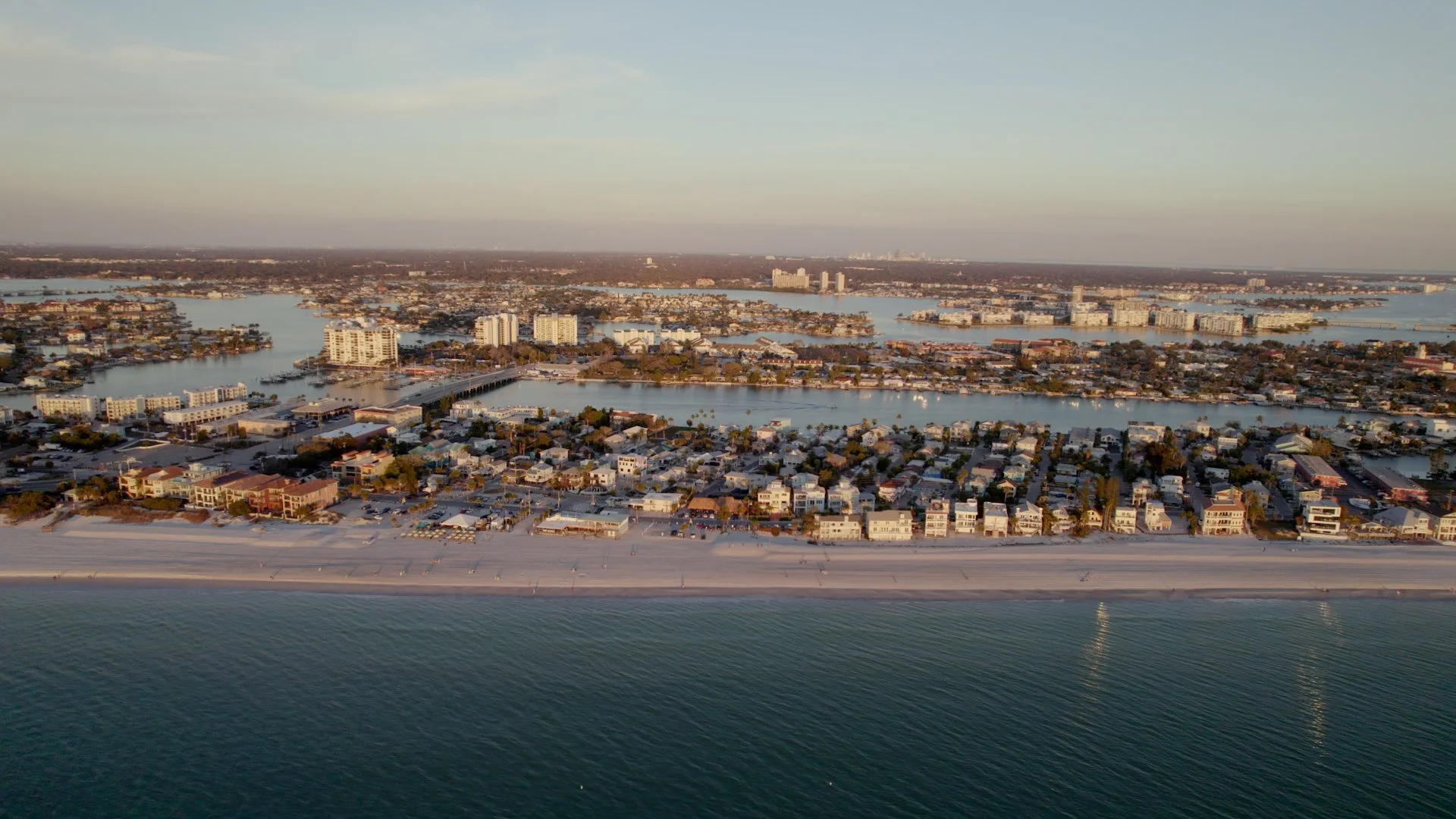 Aerial drone shot of St. Pete Beach, Florida coastline, from documentary production