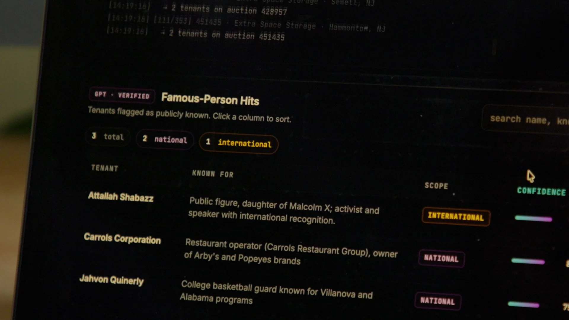 Screen showing the ChatGPT-powered bot flagging Famous-Person Hits from storage auction data