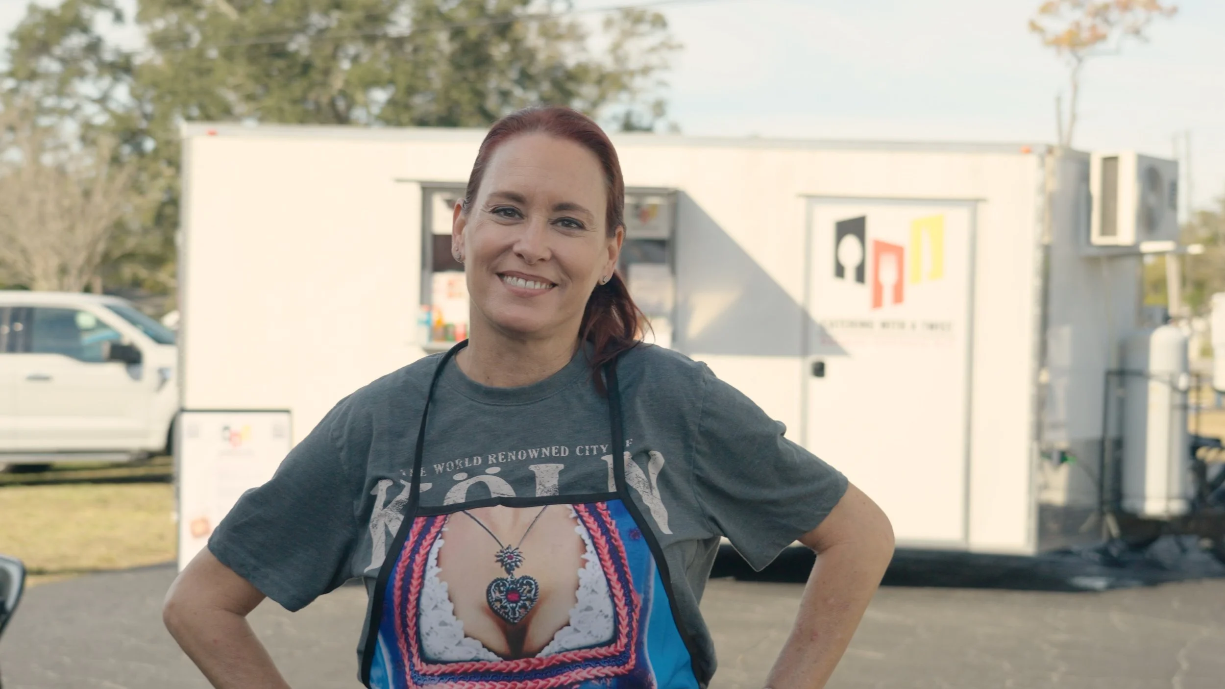 Documentary subject Christiane, owner of Catering with a Twist German food truck, on location