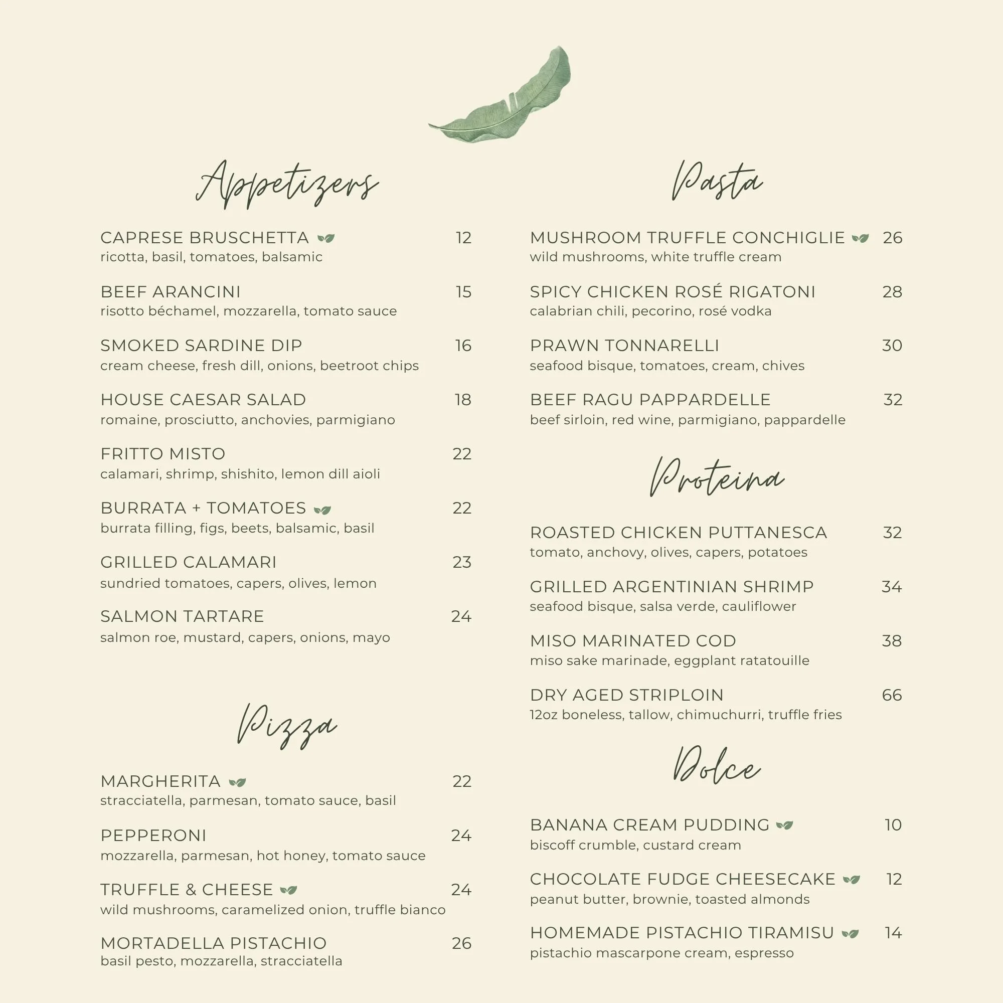 An Italian cuisine menu with sections for Appetizers, Pasta, Pizza, and Dessert, listing dishes and prices, with a minimalist beige background and a green leaf illustration at the top.