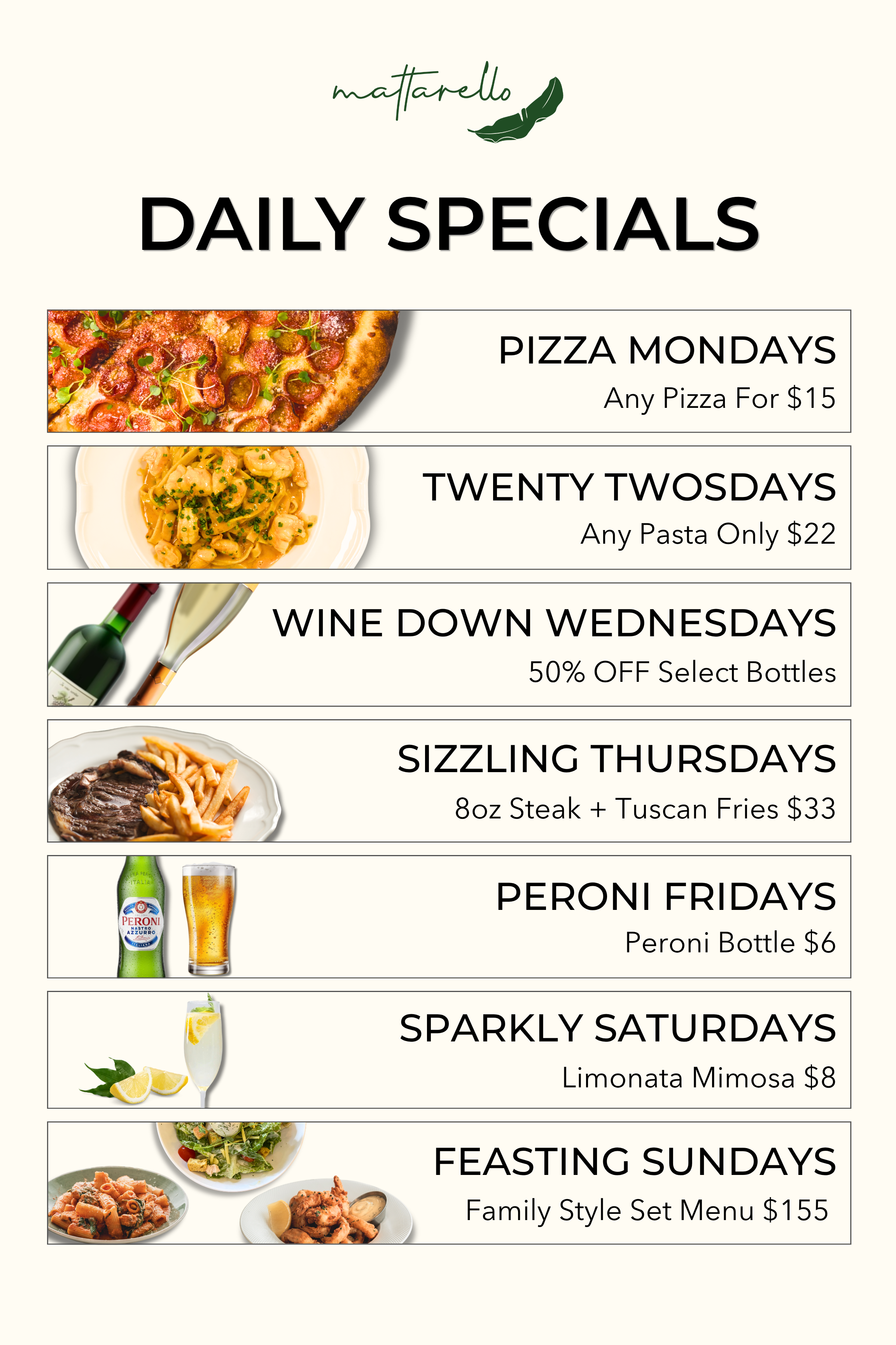 A restaurant menu showcasing daily specials. It features images of pizza, pasta, steak, a bottle of Peroni beer, a sparkling lemon mimosa, and a family-style meal.