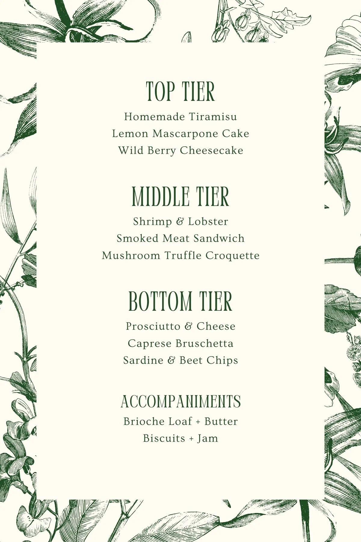 An Italia-inspired afternoon tea menu with a cream background and green botanical illustrations along the borders, listing three tiers of dishes and accompaniments in green text. Serving scones and specialty tea.