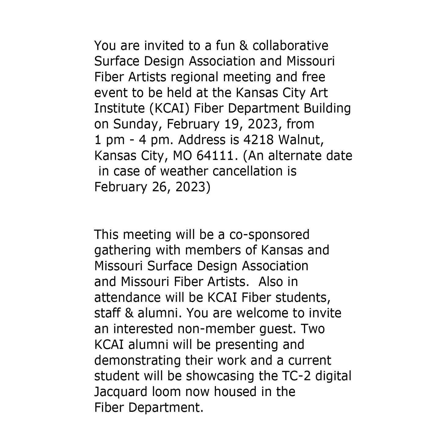 MoFA is collaborating with SDA @surface_design and the fiber department at the Kansas City Art Institute @kcaifiber for a get together filled with fibery goodness. Come on out, meet new and and old friends, gain insight into techniques, and spread th