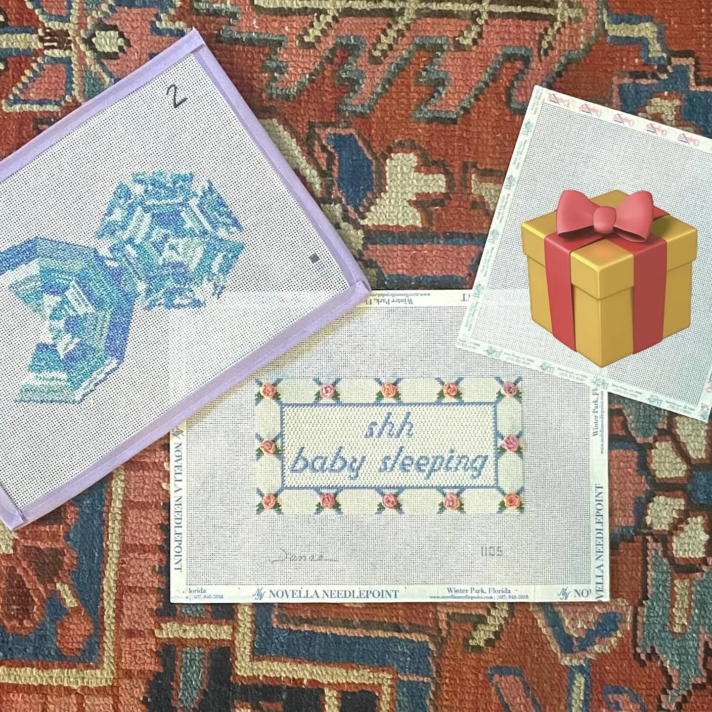 Making sure the #bigboxofneedlepoint doesn&rsquo;t get too big with each send back for finishing! It&rsquo;s going to be a while before I do a ribbon rose again but huge thanks to @faisonanne_stitches for the emotional support to get this gift stitch