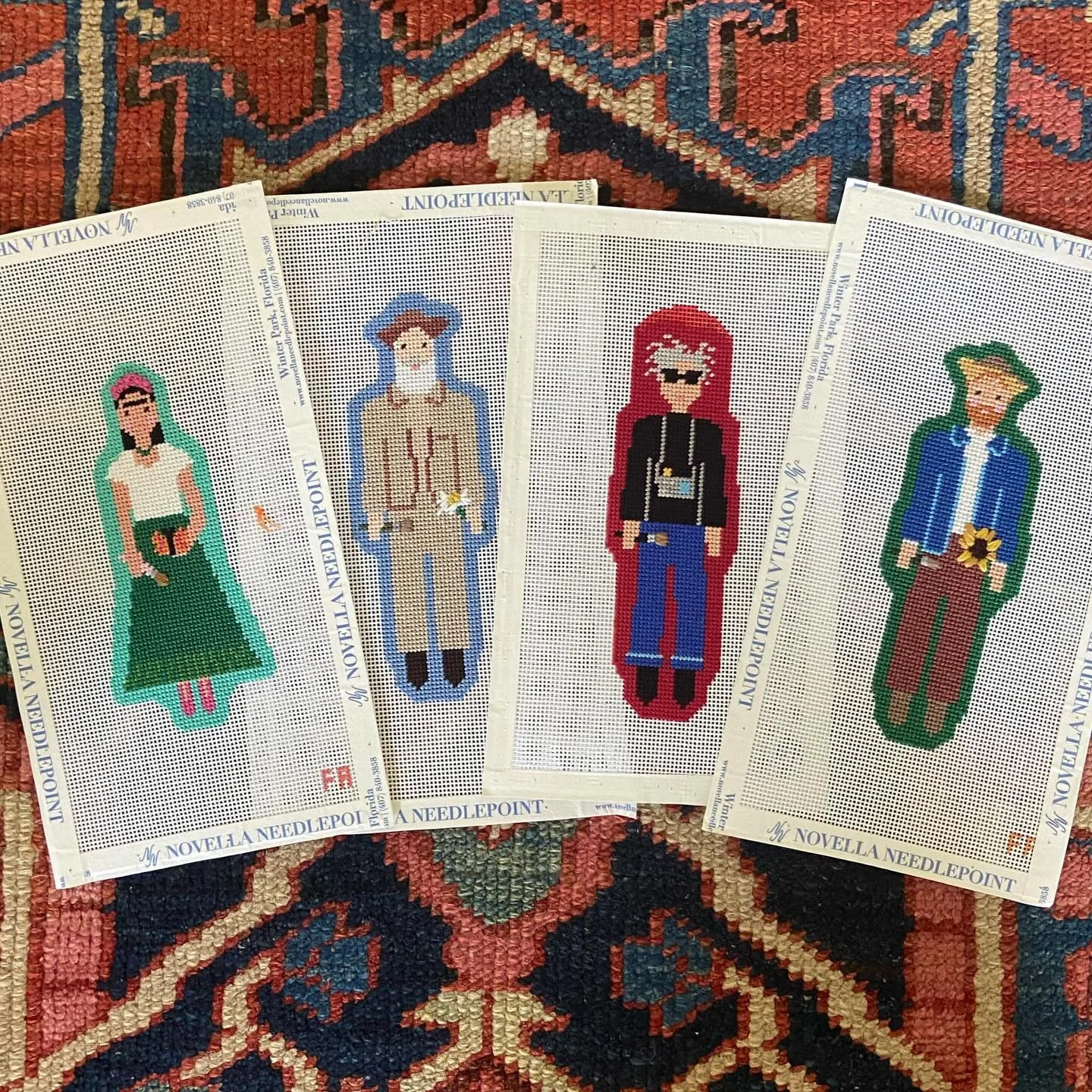 The @francesabelstudio art history gang (Frida, Claude, Andy, &amp; Vincent) made it to Texas! These were such a fun (and fast!) stitch &hellip; that I was able to successfully kit fibers for entirely from my stash, which is always a win!