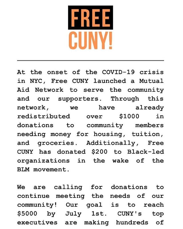 &ldquo;CUNY&rsquo;s top executives are making hundreds of thousands of dollars while students are struggling to pay for basic needs during a pandemic.&rdquo; Please consider donating to @freecuny&rsquo;s mutual aid fund! They are shouldering the work