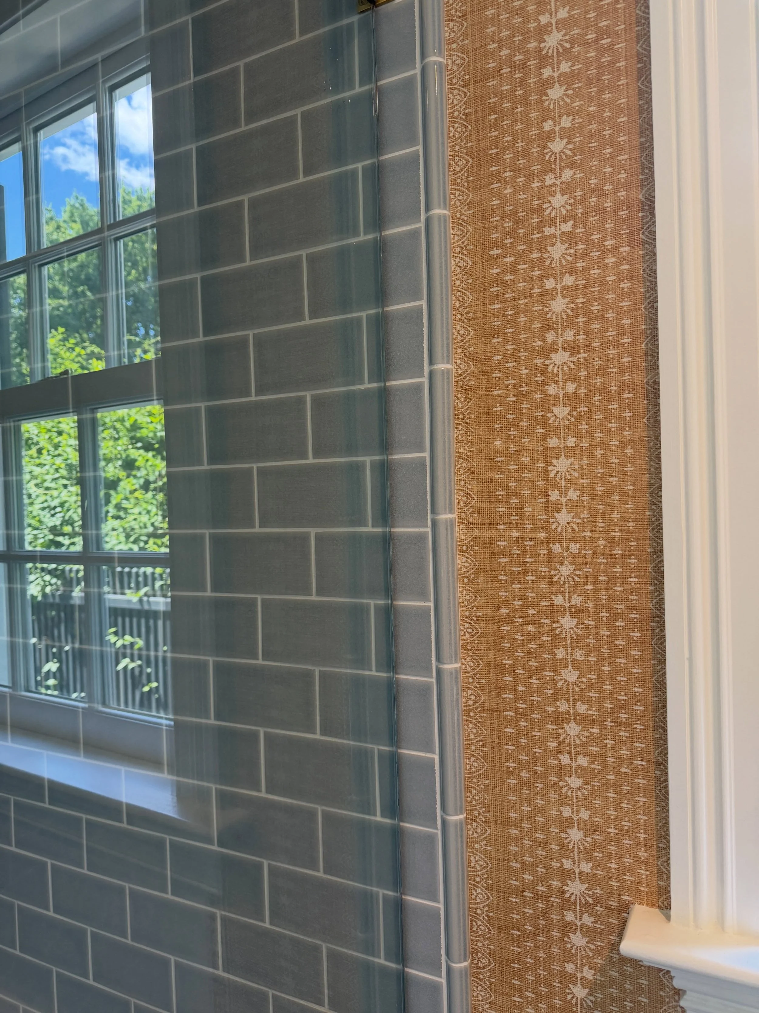 Tile + wallpaper + stripes + texture &mdash; it&rsquo;s all starting to come together at our Rye project. More to come! 🌿