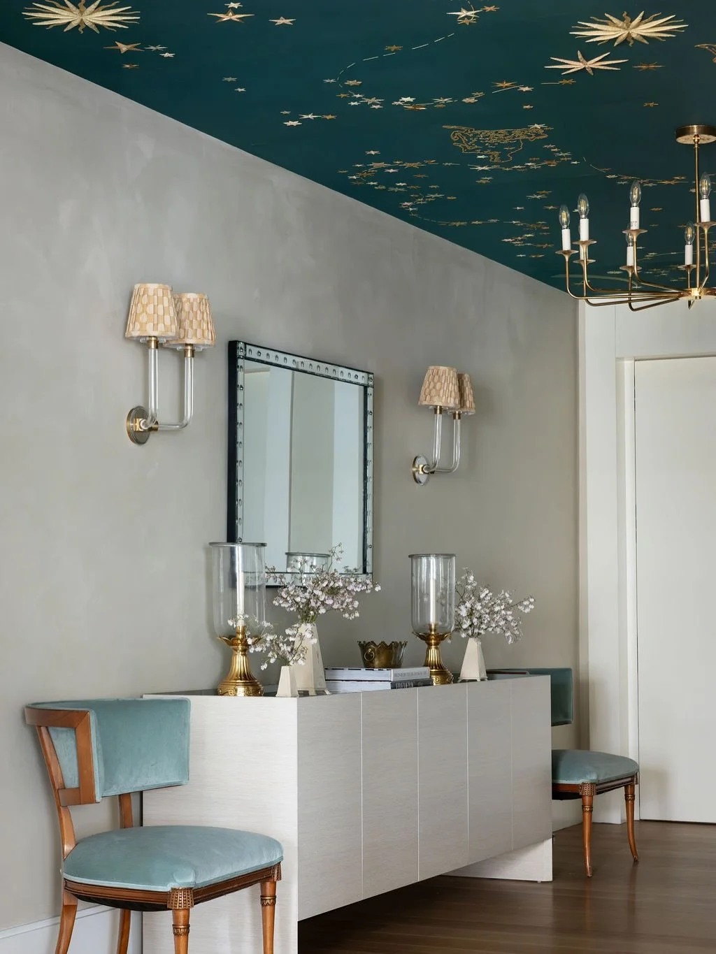 The masterpiece 🤩 The foyer ceiling at our Carnegie Hill project took a year to complete- hand beaded @degournay with the zodiac signs of the whole family worked into the design. Every inch of it was well worth the wait ✨💫🌟