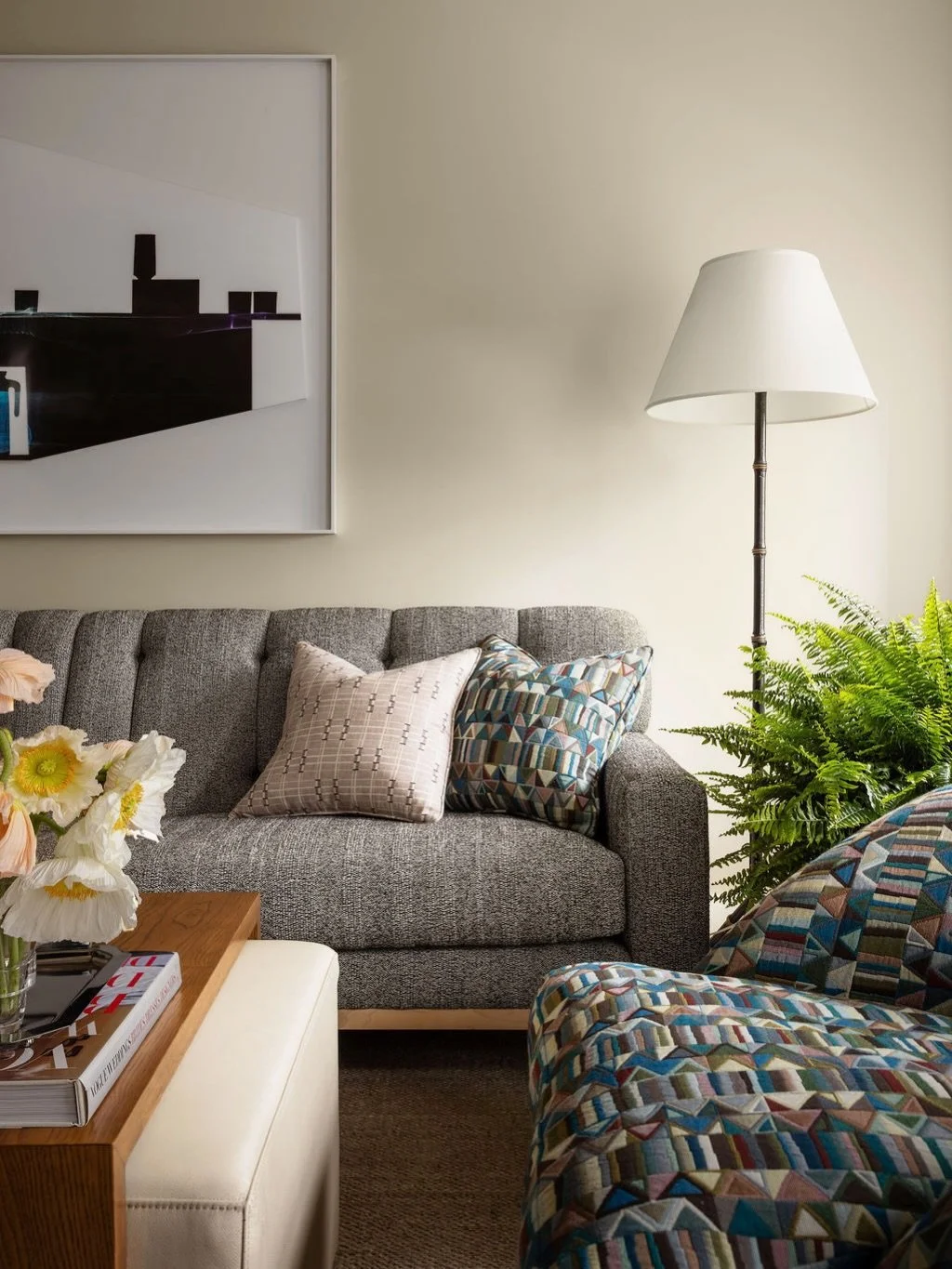 Warmth doesn&rsquo;t have to mean one particular palette! Natural woods, aged brass, earthy color, pattern and texture are just a few of the ways I like to make a room feel layered, inviting and lived in.