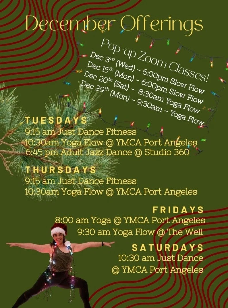 Here is my teaching schedule in December, including 4 pop-up yoga classes on Zoom! Head to my website to register, link in bio. 🌟

#yoga #dance #danceatstudio360 #thewellPA #YMCA #zoomyoga #jennycroftonphotography