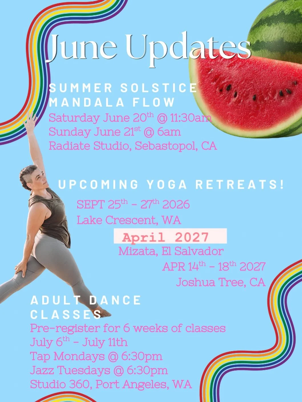 Slowing down this month on teaching but full of preparing for retreats, dance classes, workshops and more! Some of this stuff you can sign up for now, some you just have to wait for the official announcements 👀 #summersolstice #yoga #dance #yogaretr