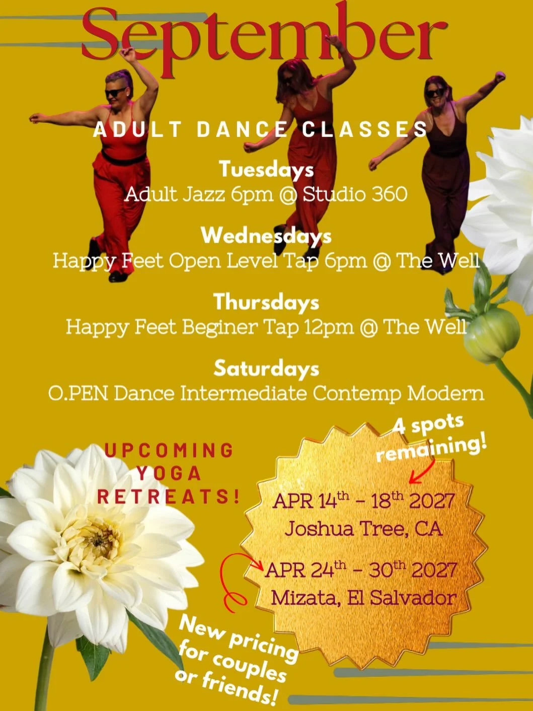 In a few weeks we get back into the swing of things!  Dance classes galore including Adult Jazz at @dance.at.studio360 , Adult Tap (beginner on Thursdays, open level on Wednesdays) at @thewellportangeles , and the launch of a new dance classes for in