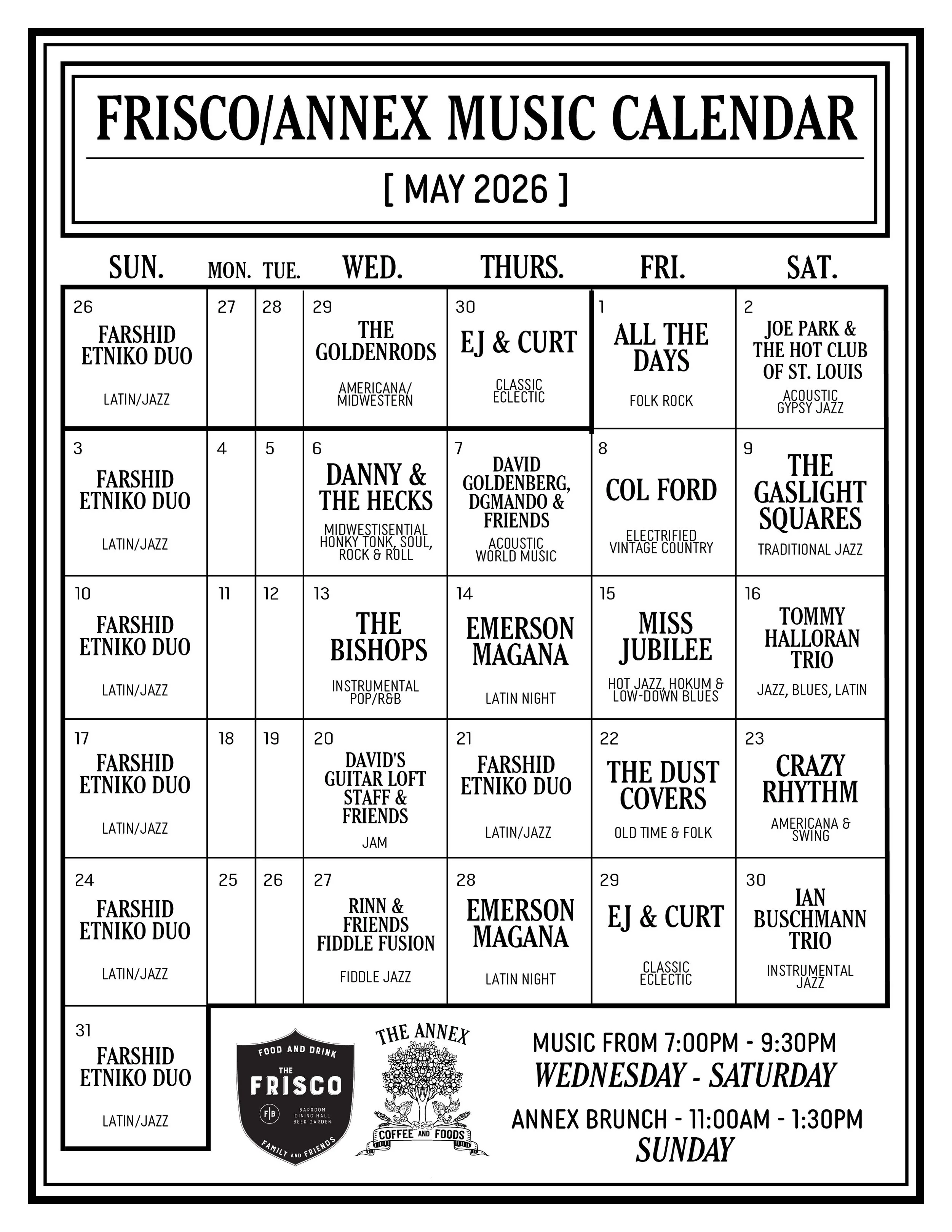 Frisco/Annex May 2026 Music Calendar