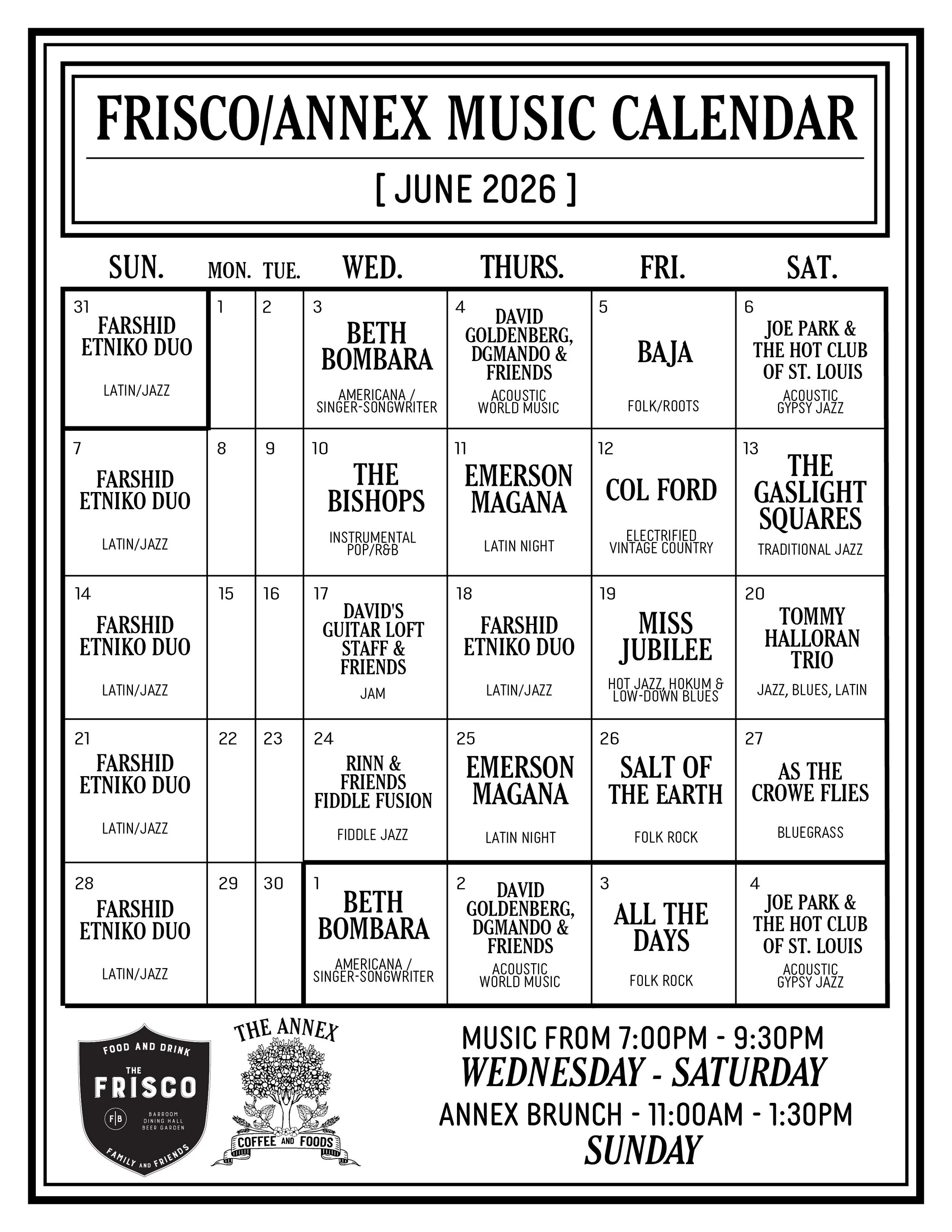 Frisco/Annex June 2026 Music Calendar