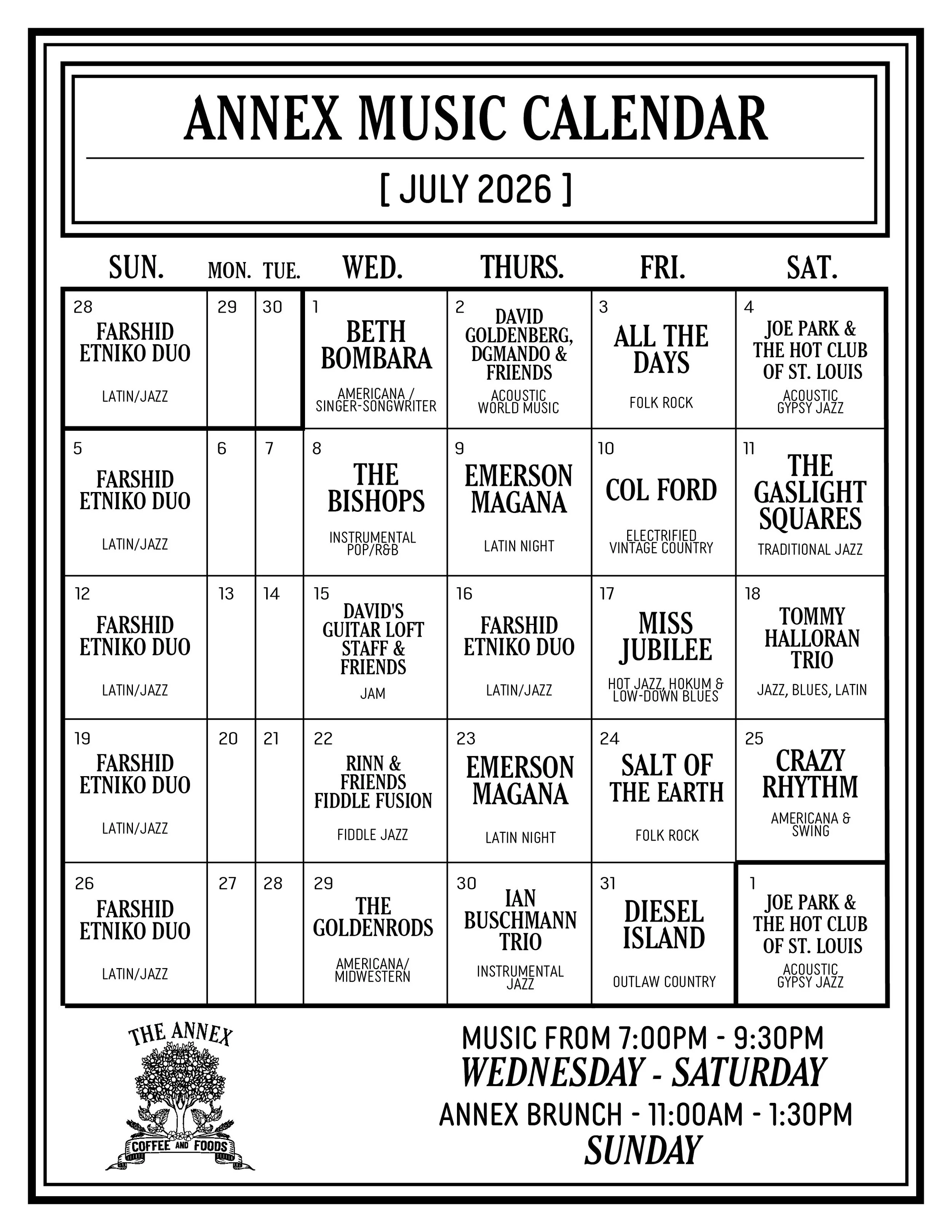 July Annex Music Calendar 2026