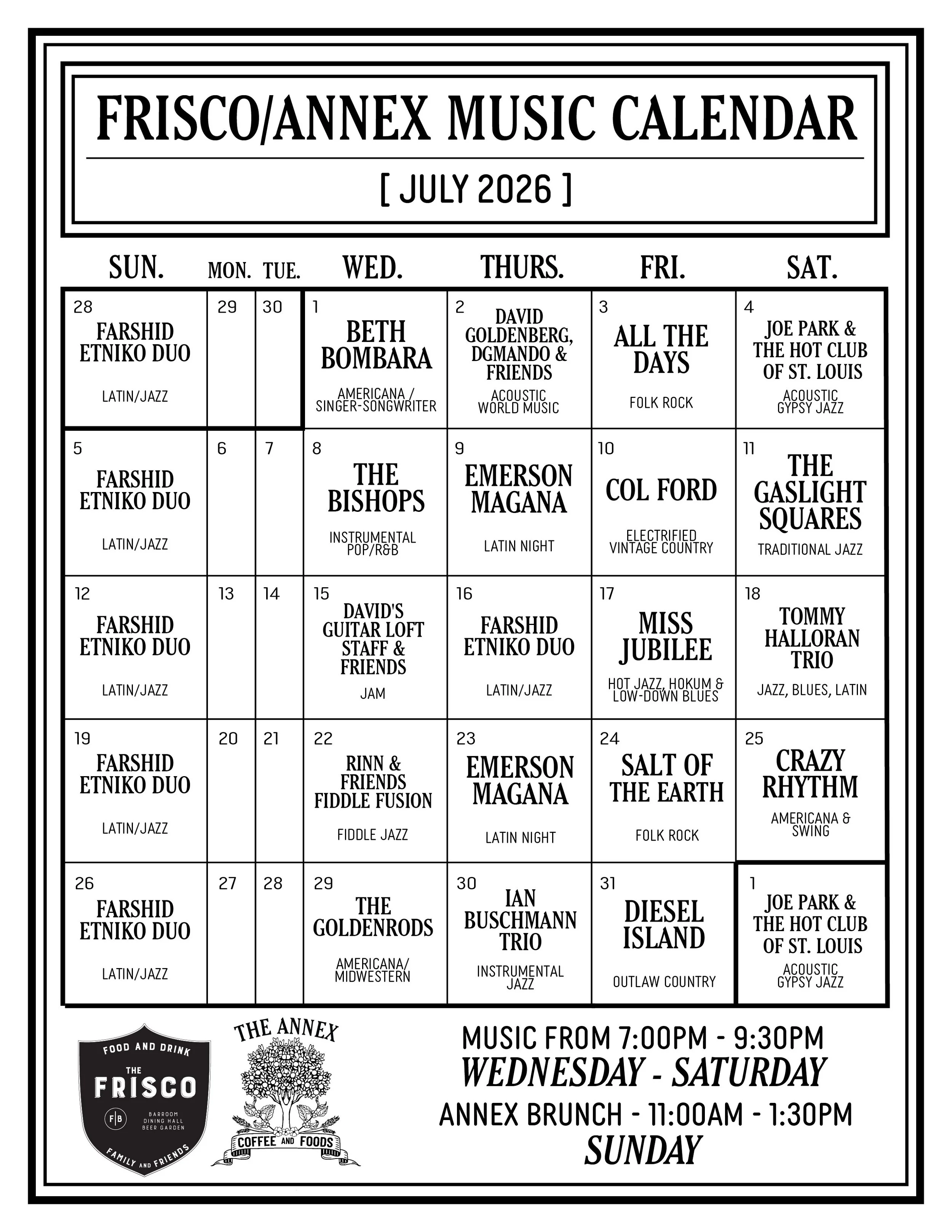 Frisco/Annex July 2026 Music Calendar