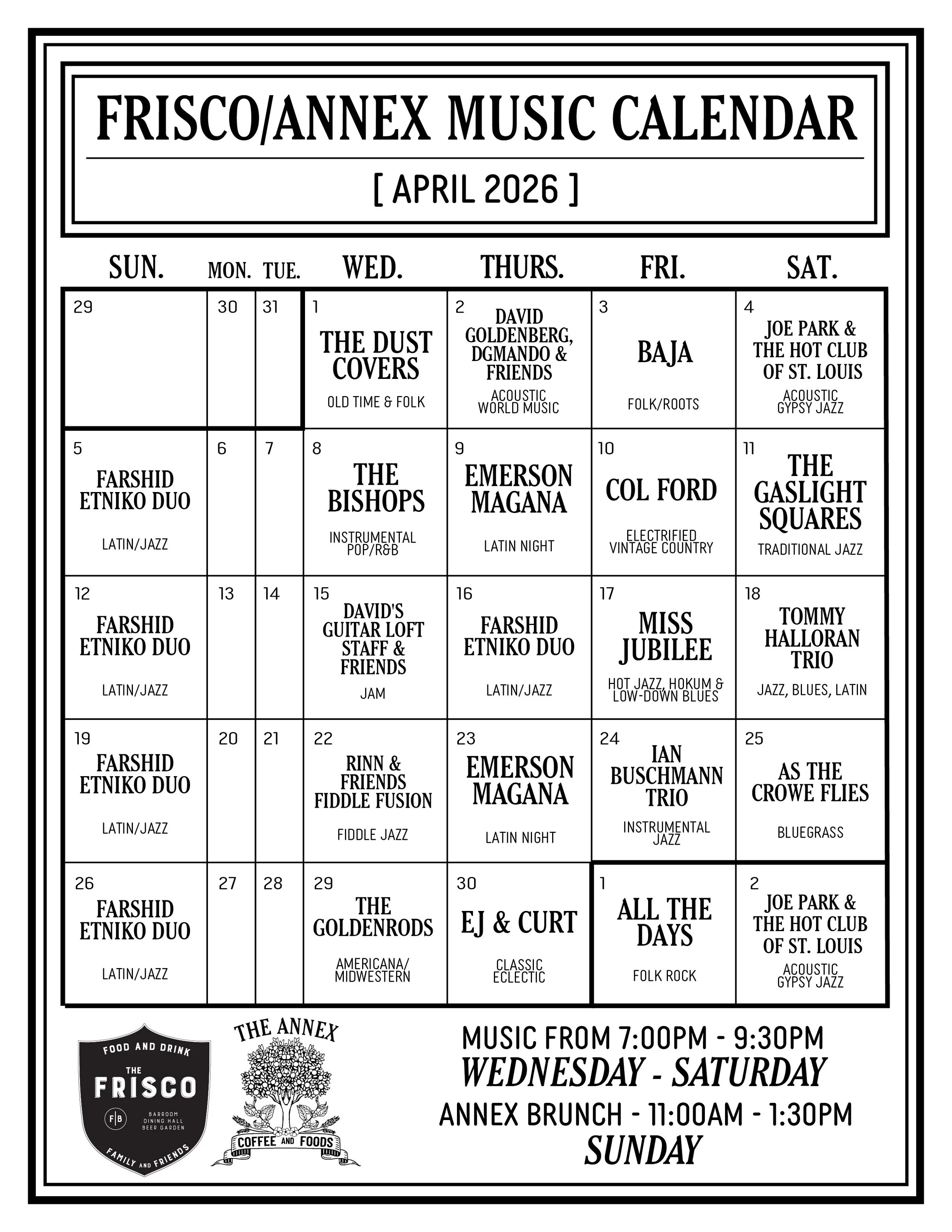 Frisco/Annex April 2026 Music Calendar