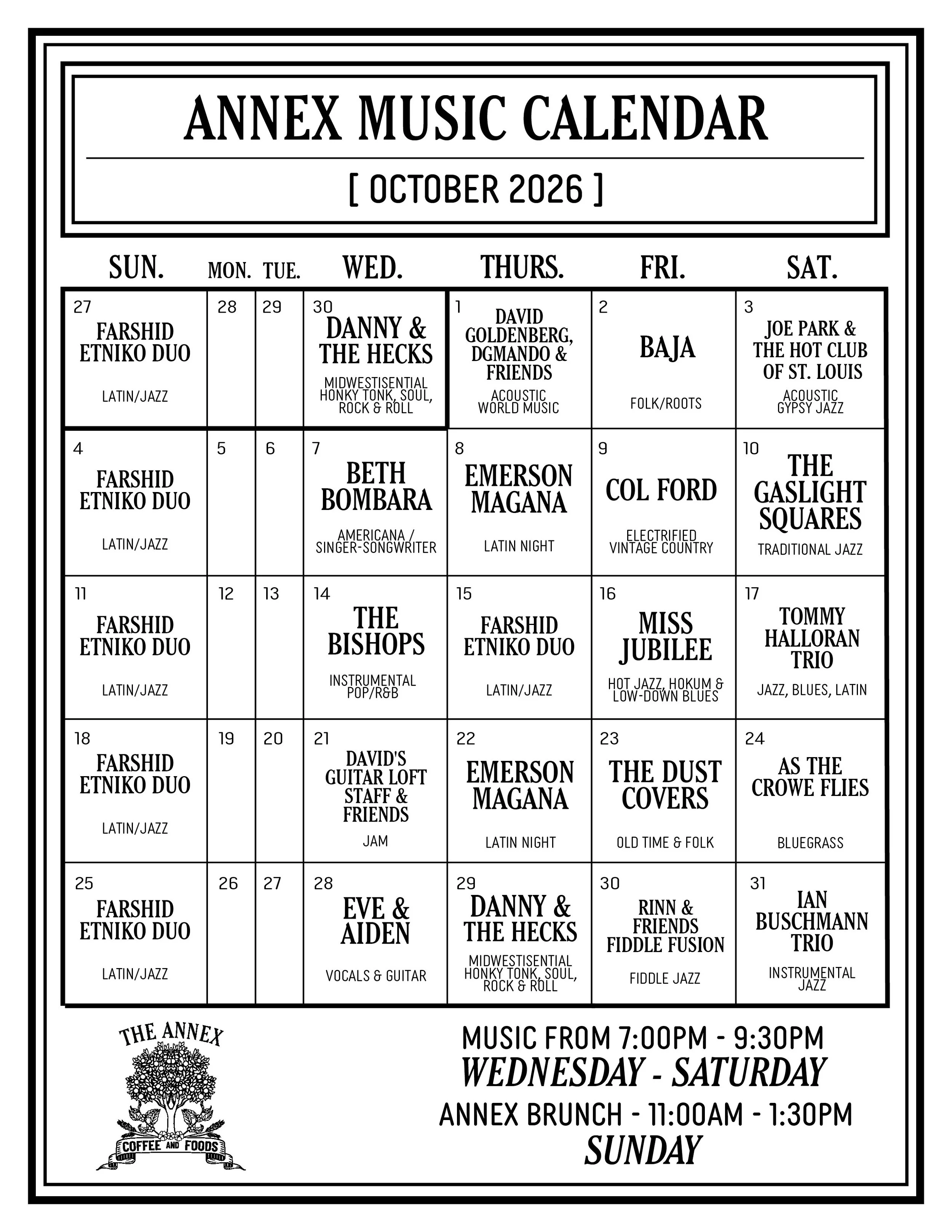 October Annex Music Calendar